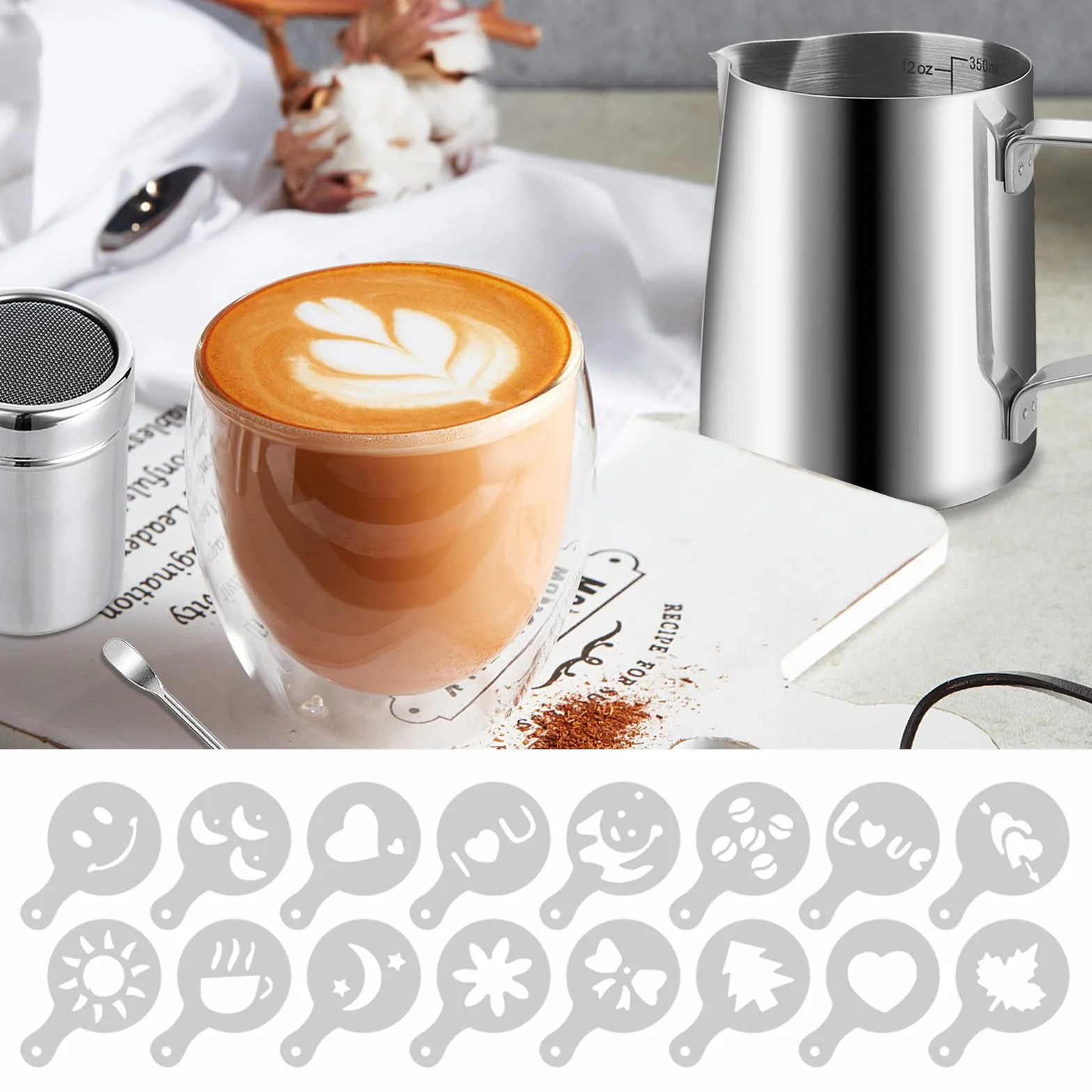 Dzbanek na mleko ze stali nierdzewnej 350 ml z oznaczeniem pomiarowym 16 szablonami i pisakami do espresso latte art