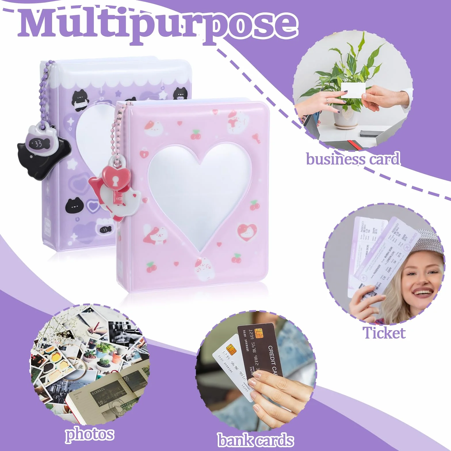 2 szt segregator na fotokarty Kpop z wisiorkiem 36 kieszeni, 3,4 cala mini album na zdjęcia Love Heart ażurowy uchwyt na karty fotograficzne z 5 uroczymi dekoracjami do standardowych fotokartek