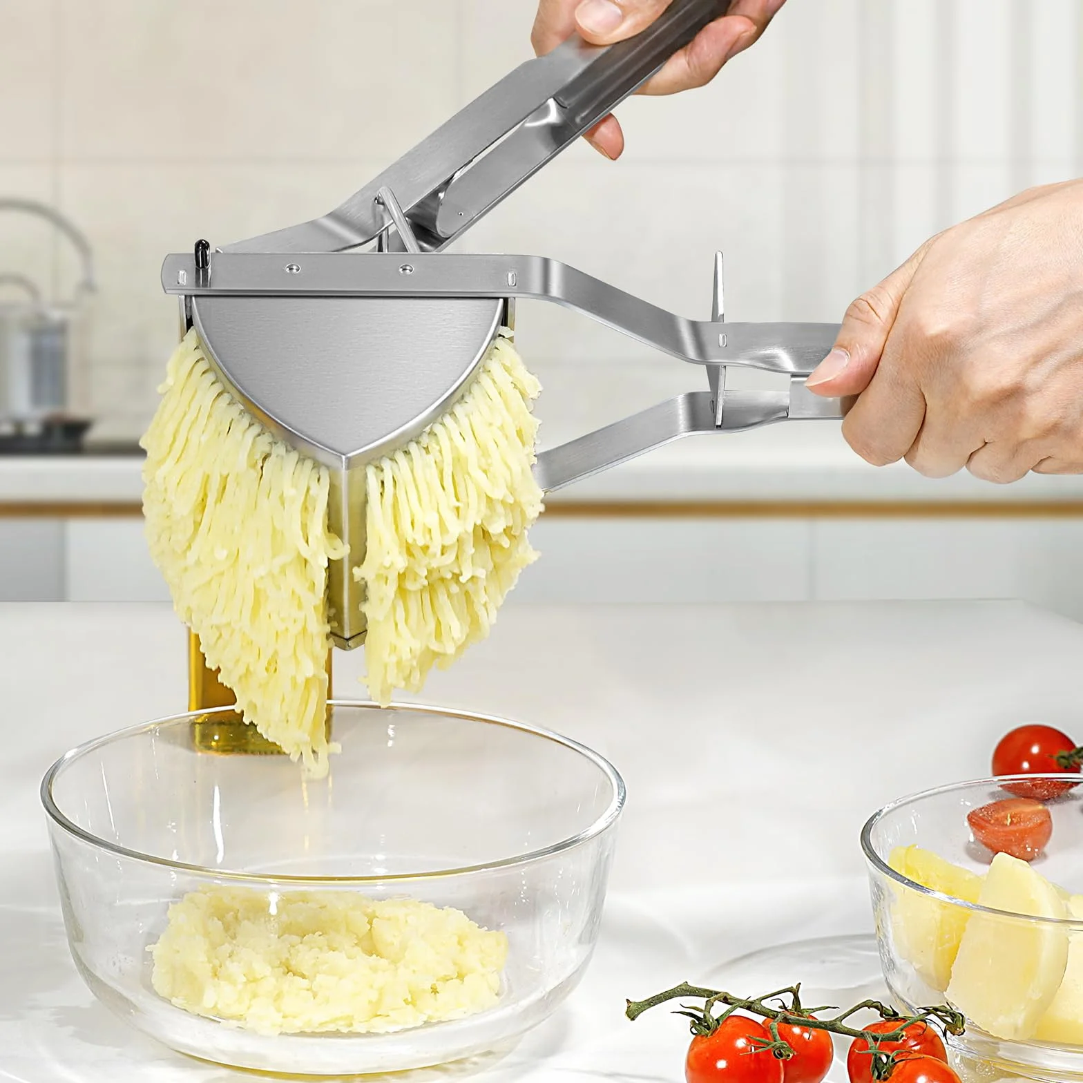 Praska do ziemniaków, praska do ziemniaków Sopito ze stali nierdzewnej z silikonowym uchwytem, do puree ziemniaczanego, dżemu, warzyw, owoców