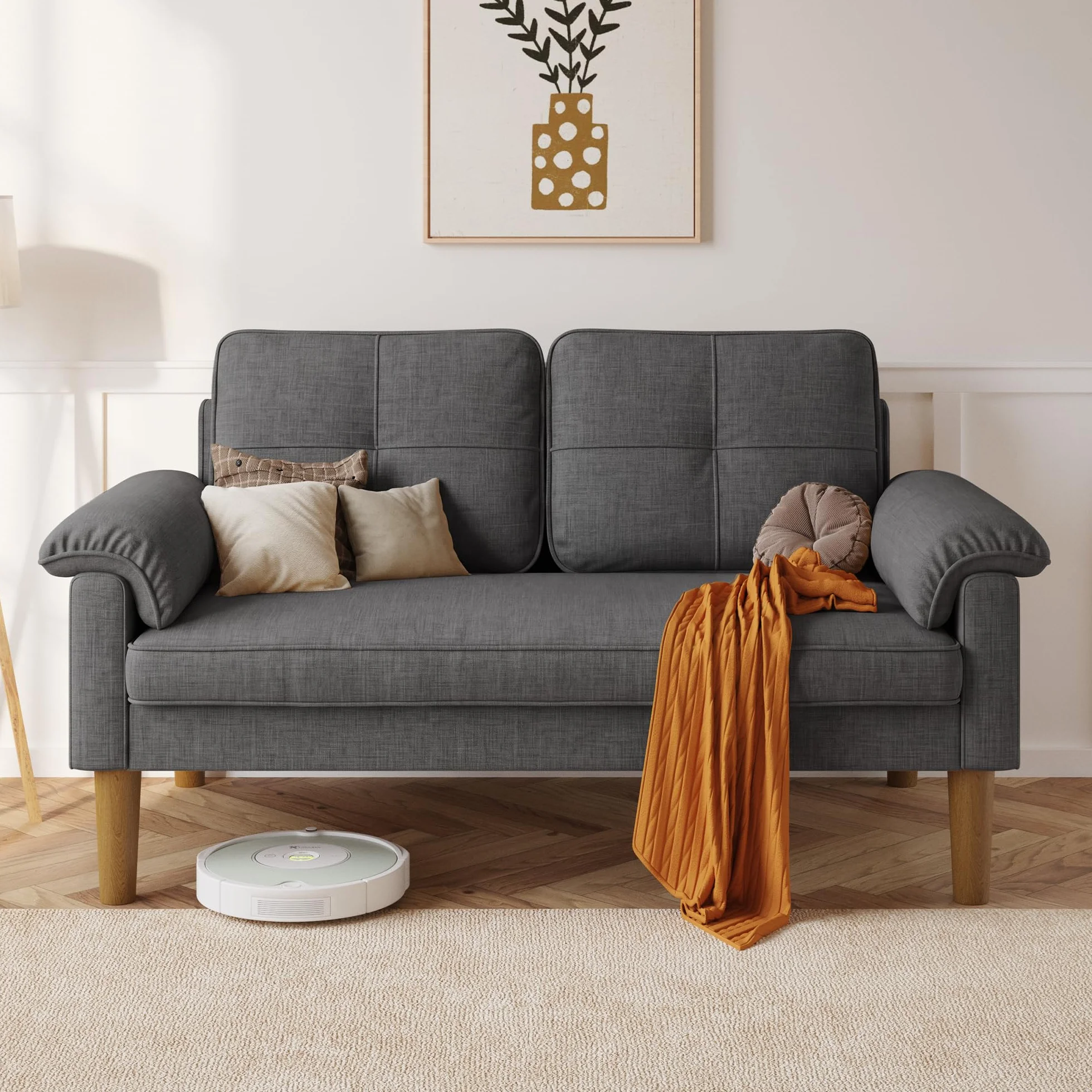 Xbro Sofa 2-osobowa, kanapa z podłokietnikiem i kieszenią boczną, materiał, 144x77x77 cm, ciemnoszara