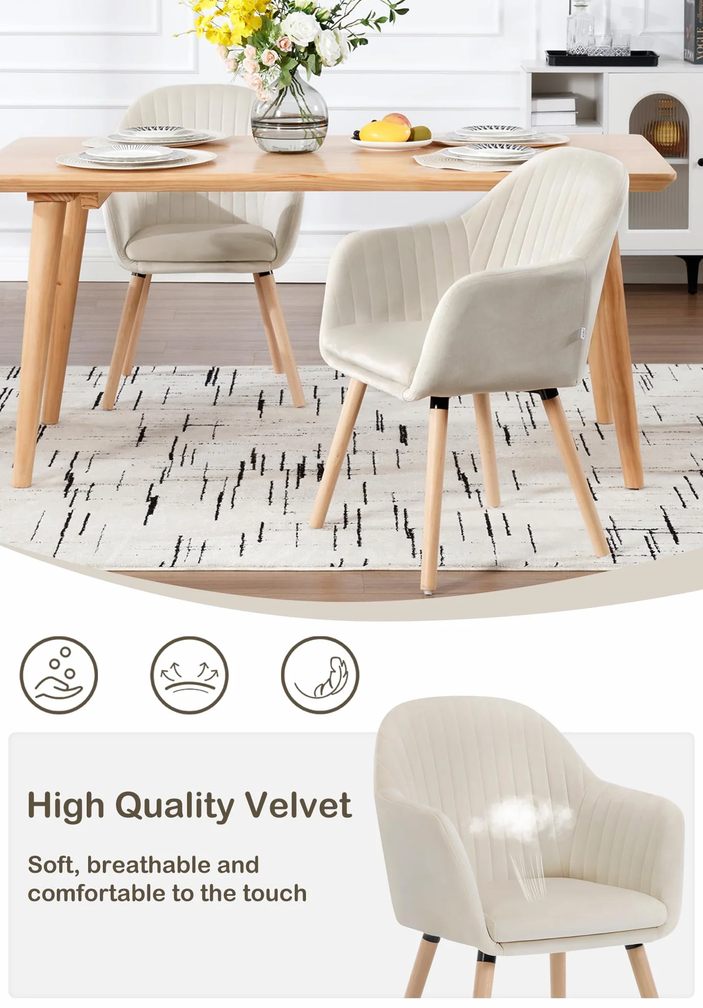 WOLTU 2 x krzesło do jadalni, krzesło kuchenne, tapicerowane, do salonu, designerskie krzesło z podłokietnikami, aksamitne, lite drewno, kremowo-biały BH95cm-2