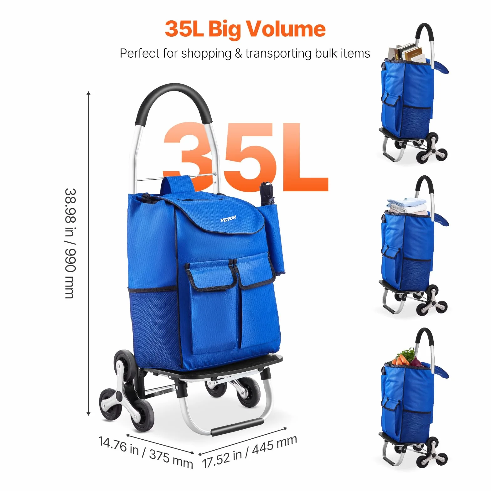 VEVOR Składany wózek na zakupy 36L Wózek na schody z 6 kołami 445 x 375 x 990 mm Torba do przechowywania z tkaniny Oxford na zakupy, do biura, przeprowadzki, transportu, na zewnątrz, pralni,
