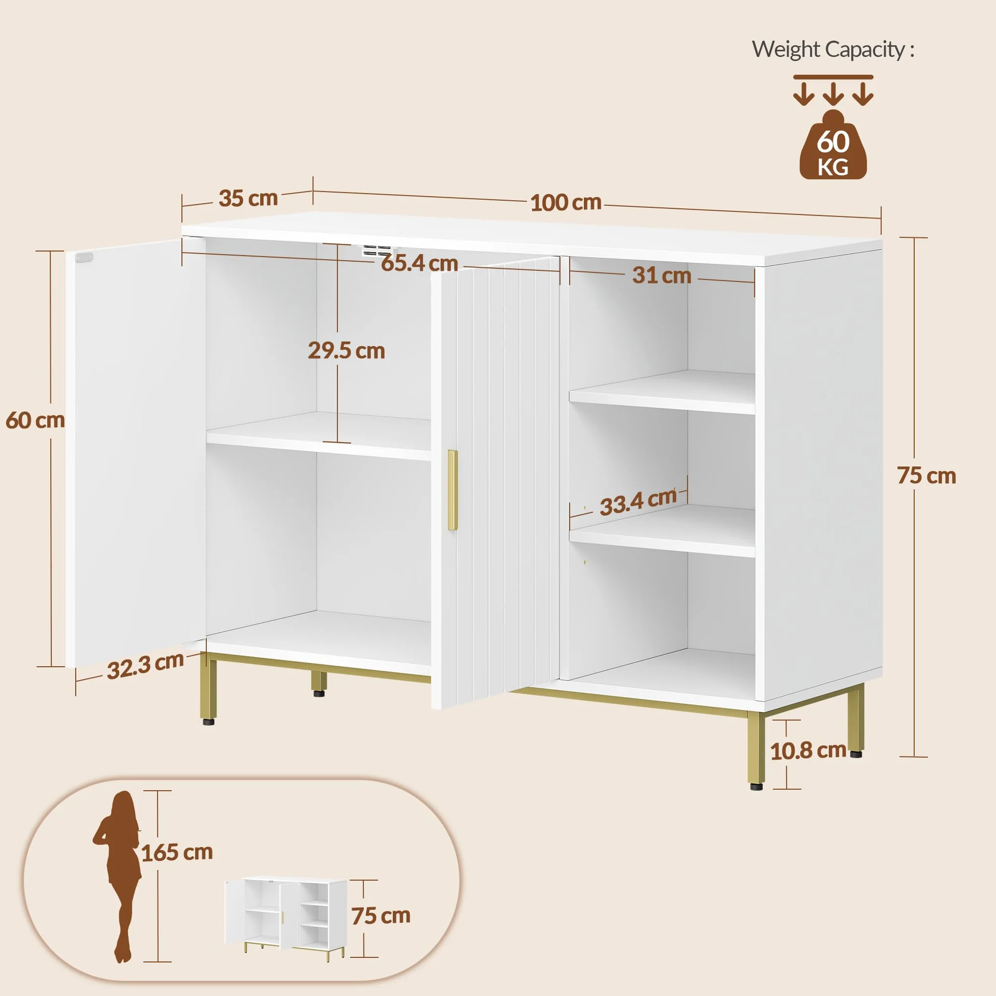 Szafka łazienkowa wolnostojąca 100x35x75 cm biało-złota z dwoma drzwiami regulowane półki