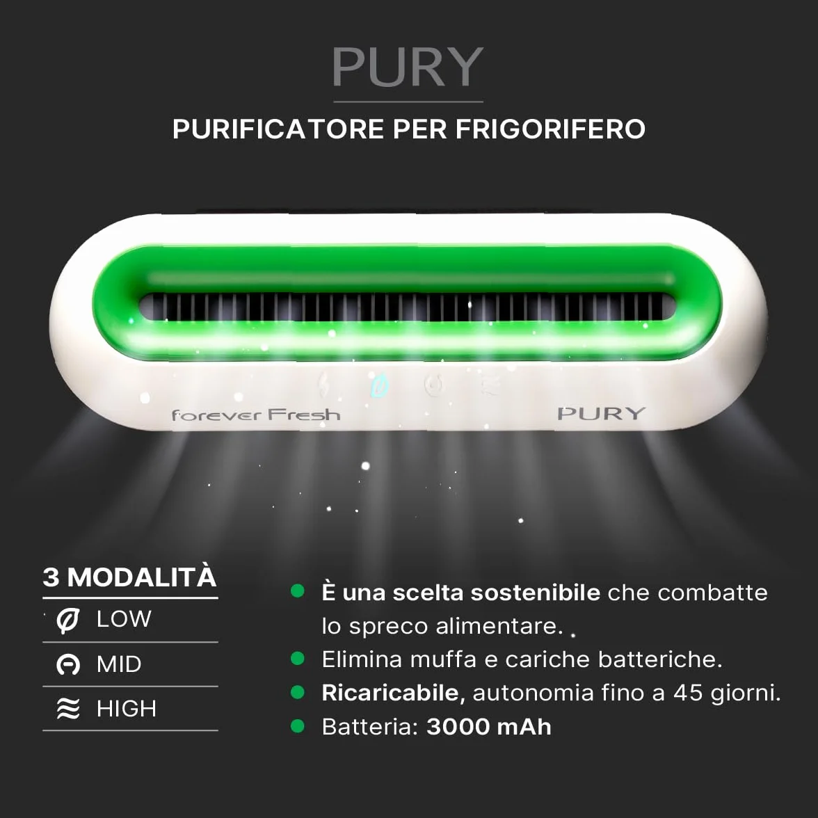 PURY Oczyszczacz do lodówki, eliminuje pleśń i bakterie. Generuje prawidłową i zmierzoną emisję ozonu (50 mg/h), zasięg do 45 gg. Forever Fresh 885C