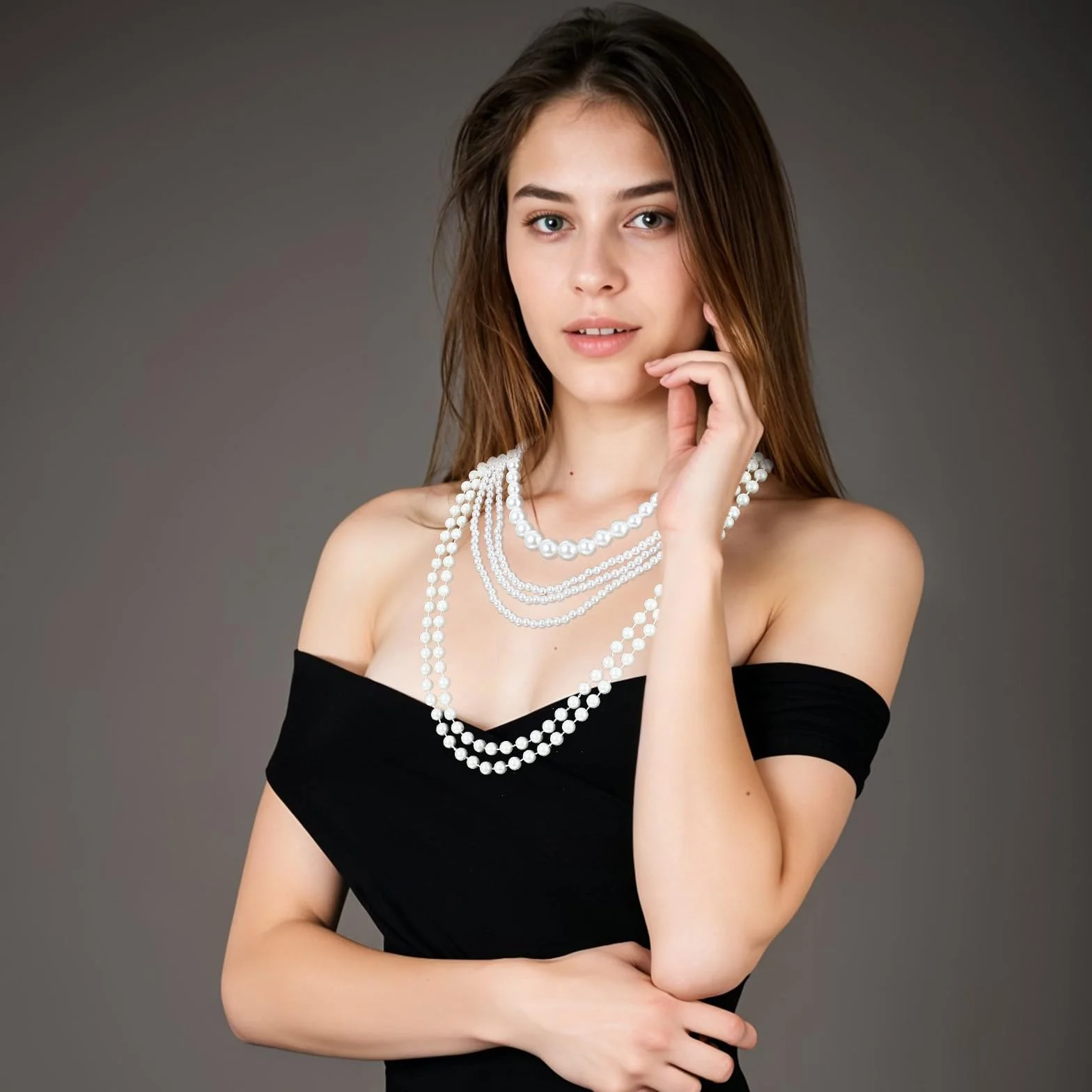 6 szt. długi naszyjnik z pereł, vintage, elegancki naszyjnik ze sztucznych pereł, Flapper, lata 20., perłowe akcesoria, modny warstwowy naszyjnik na sznurku, Gatsby, biżuteria kostiumowa, na