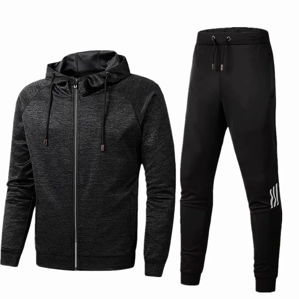 Zestaw dresów dla mężczyzn, zapinana na zamek bluza z kapturem, topy, strój na siłownię i spodnie do joggingu, zestaw 2 sztuk, Czarny, XXL