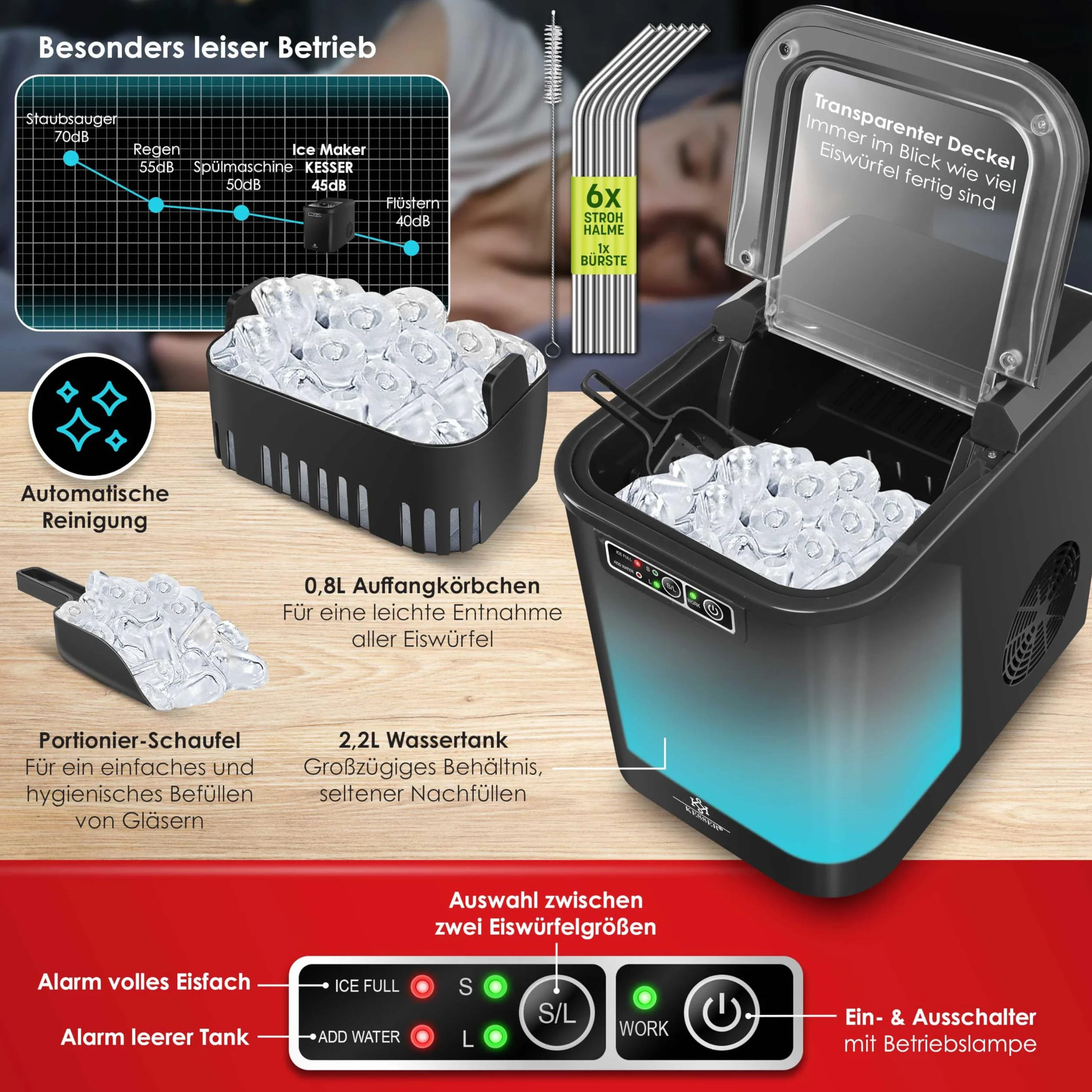 KESSER Ice Maker Stainless Steel 12 kg 24 h 2,2 l Zbiornik Wody LED Samooczyszczanie