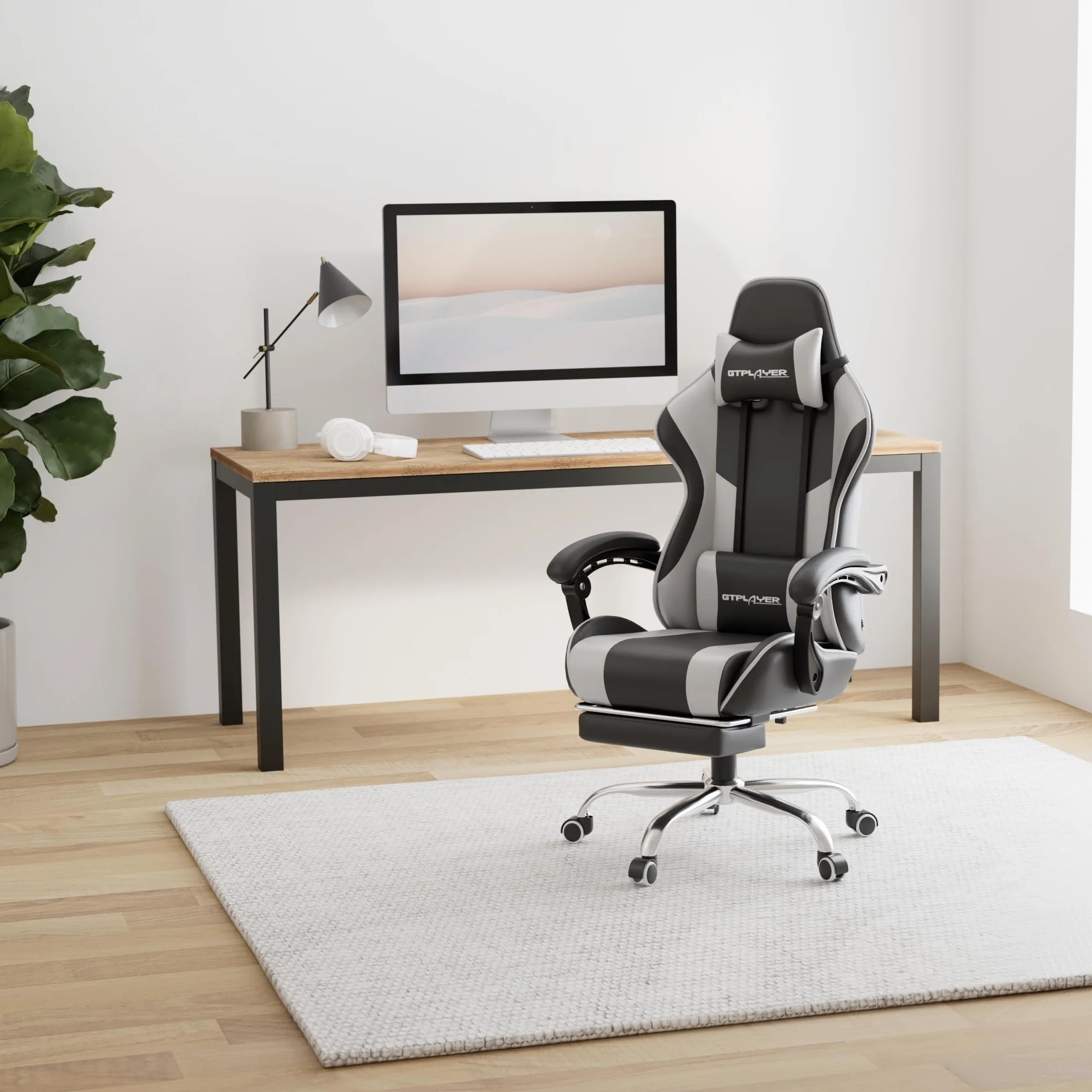 GTPLAYER Ergonomiczne krzesło komputerowe z podnóżkiem i podparciem lędźwiowym, białe