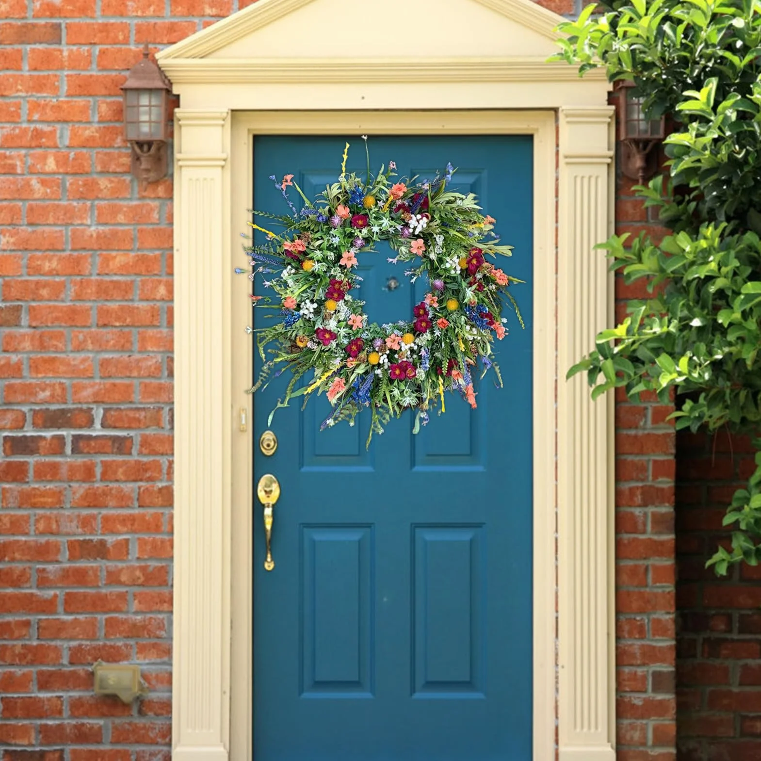 Wieniec na drzwi sztuczne kwiaty zielone liście dekoracja domu całoroczny
