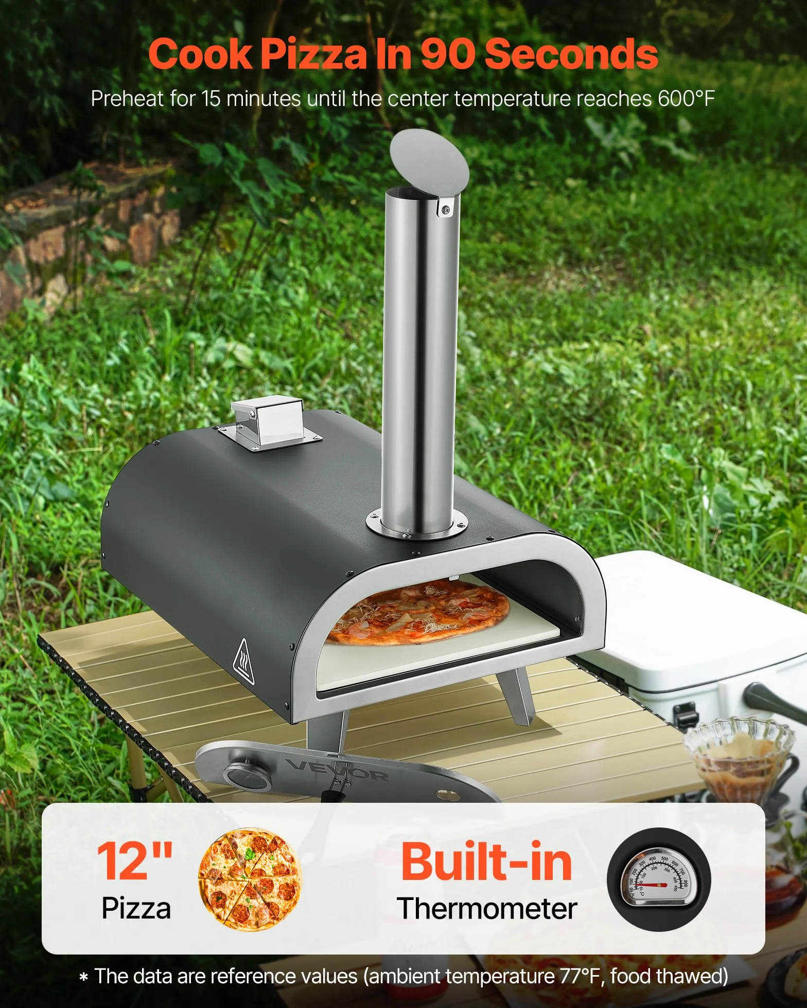 VEVOR Zewnętrzny piec do pizzy 30 cm opalany drewnem z termometrem przenośny czarny