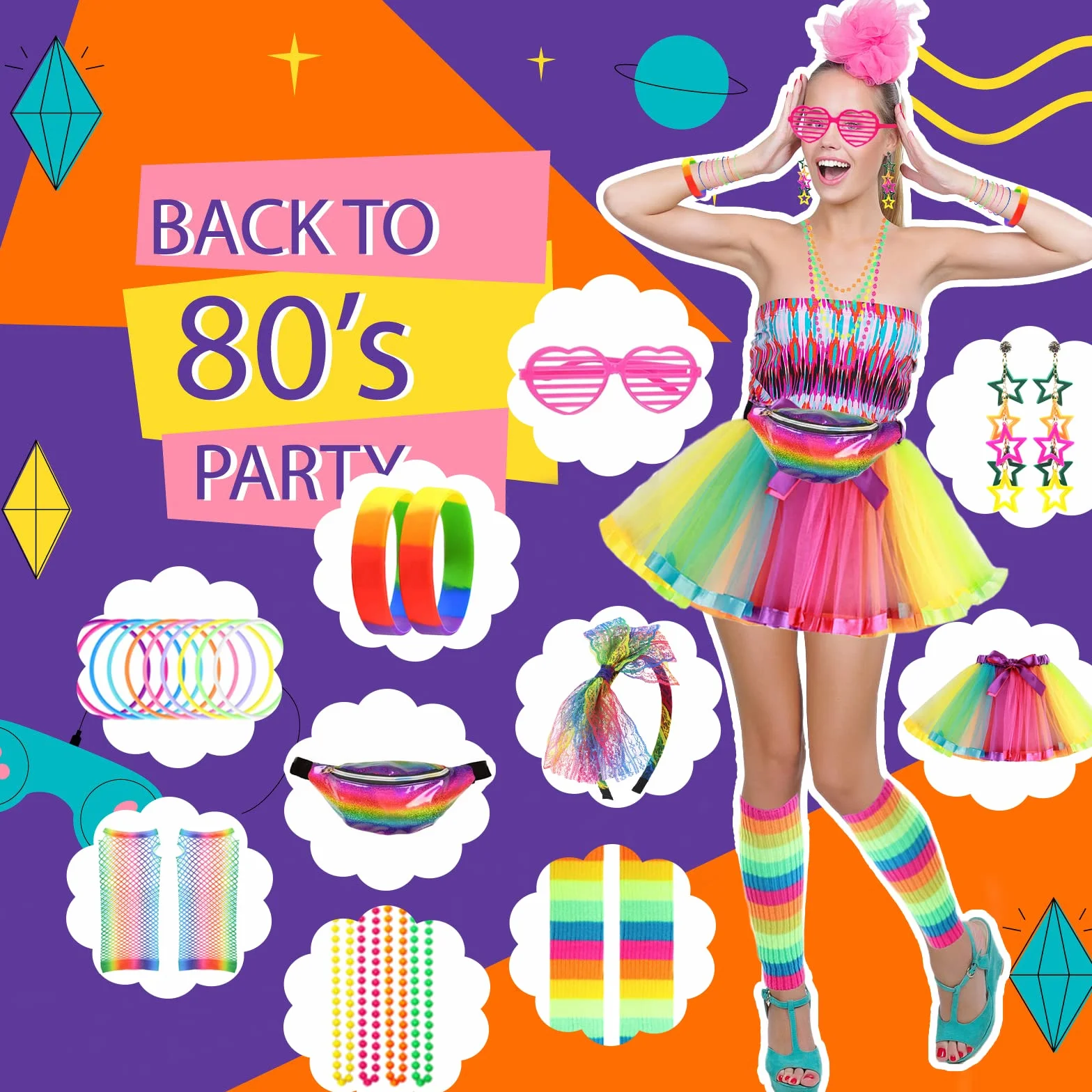 Fantazyjny strój dla kobiet i dziewcząt z lat 80. XX wieku, na imprezę, zestaw akcesoriów, spódniczka tutu, ocieplacz na nogi, kolczyki, kabaretki, rękawiczki, naszyjnik, okulary, bransoletka, opaska