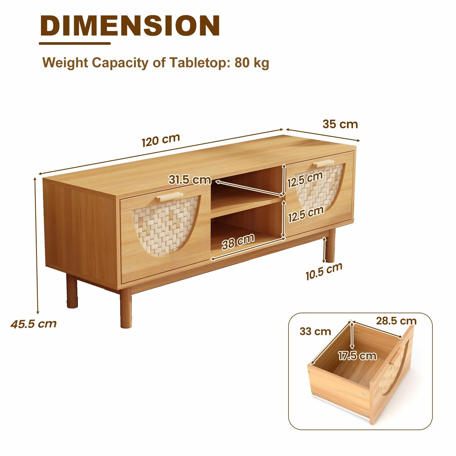 KOMFOTTEU Drewniana szafka pod telewizor do 55 cali, nogi z litego drewna, ławka TV z 2 szufladami i 2-poziomowa otwarta półka, stolik TV, styl boho, 120 x 35 x 45,5 cm, naturalna