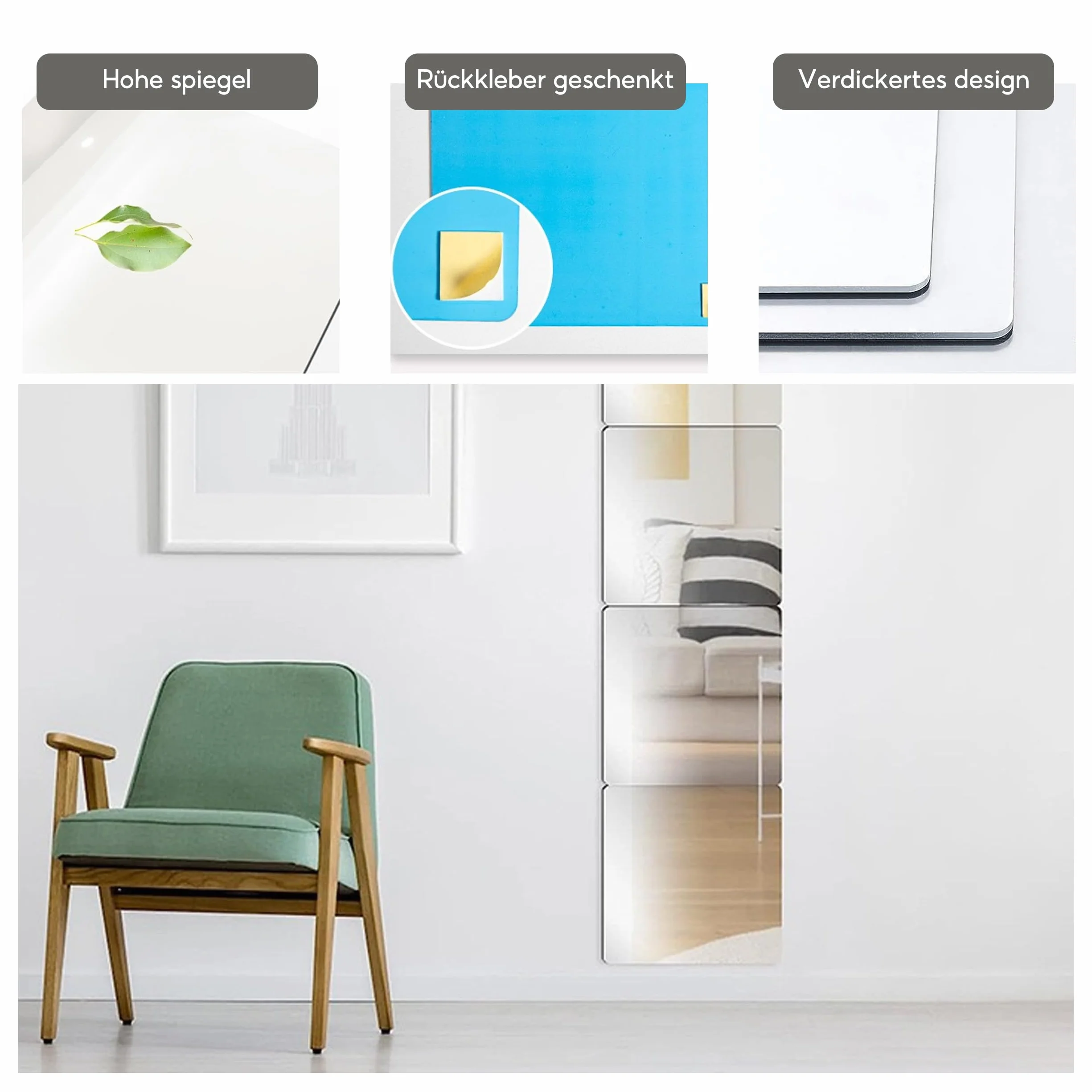 8 sztuk lusterek samoprzylepnych, 20 × 20 cm akrylowe klejone lusterka, lustro ścienne samoprzylepne do przyklejania, klejone lusterko do łazienki i sypialni