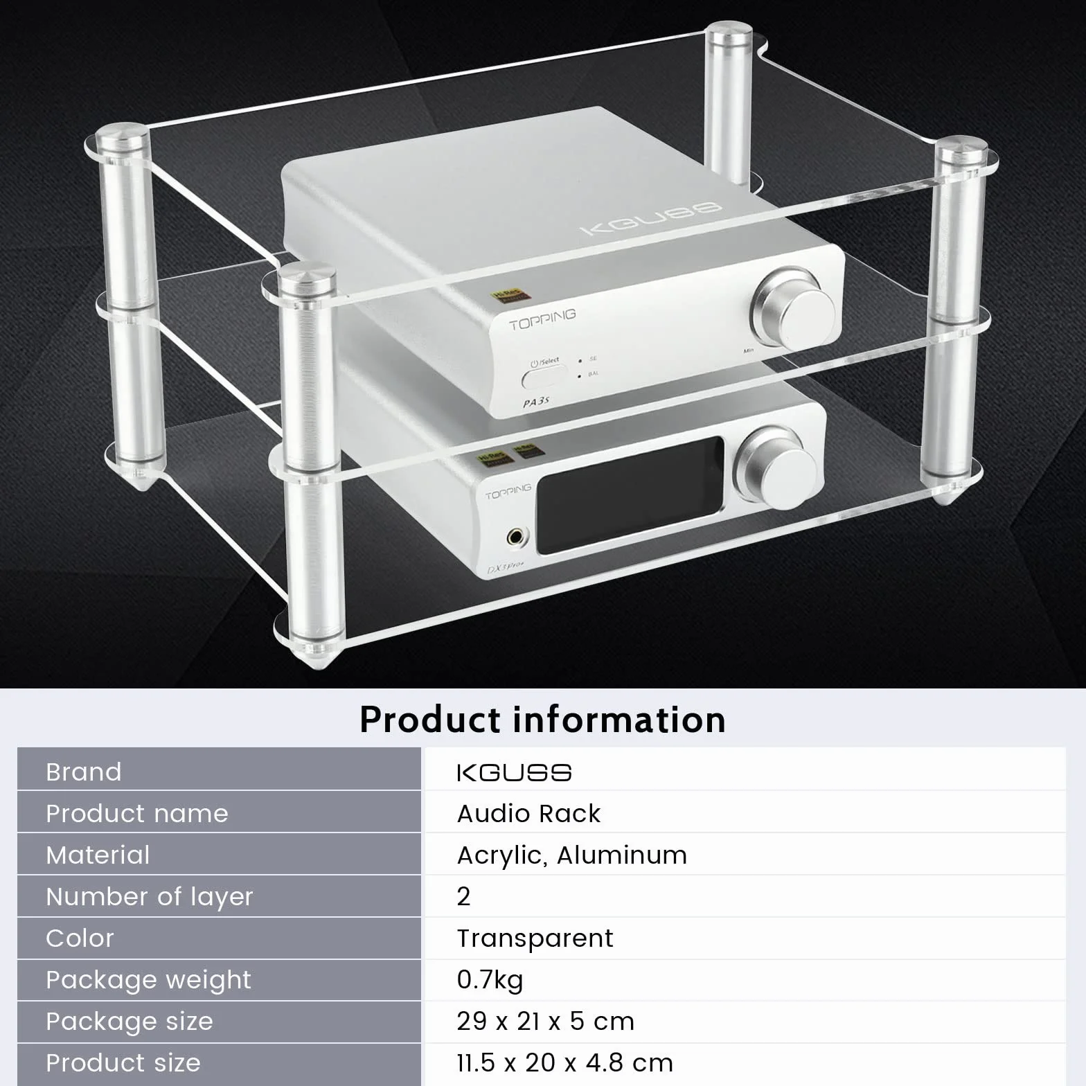 KGUSS Mini stojak HiFi akrylowe półki na komponenty audio aluminiowe uchwyty 3-poziomowy