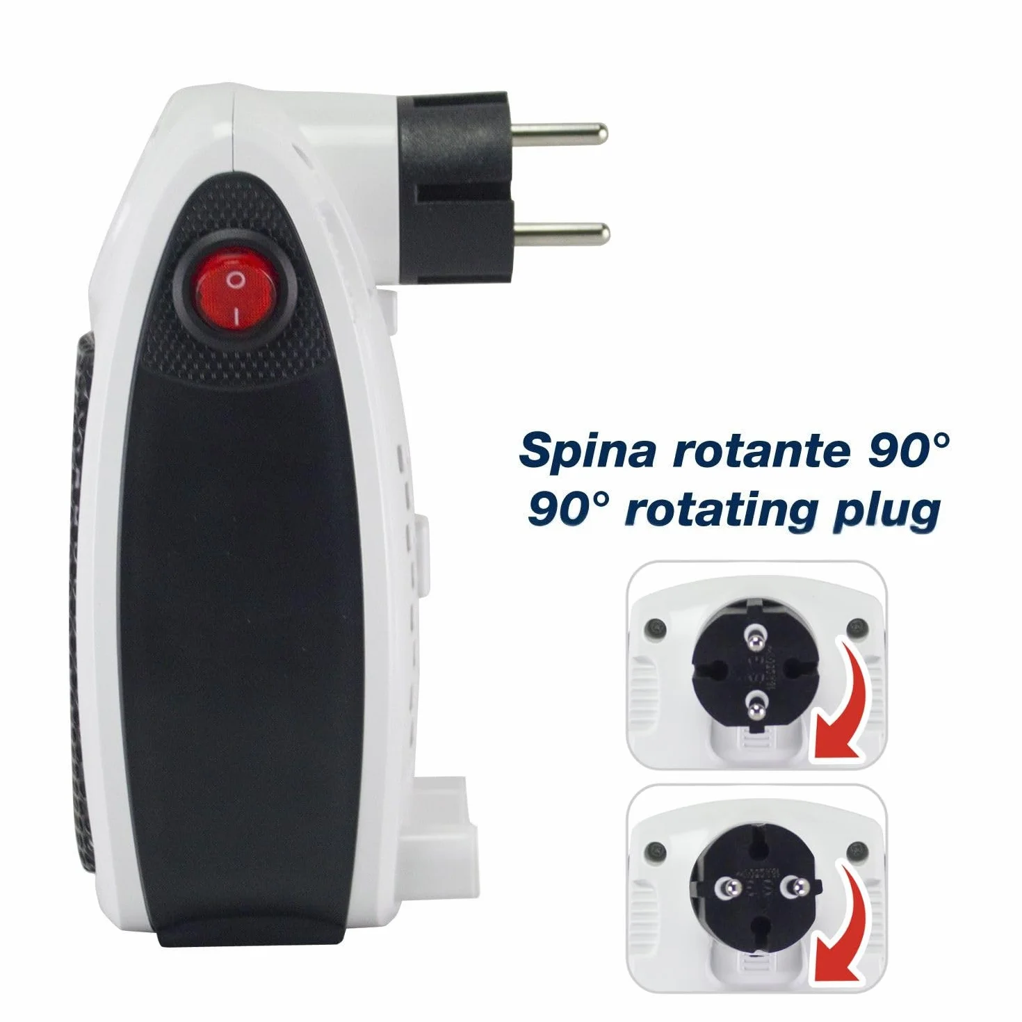 BEPER P203TER350 Mini ceramiczny termowentylator, kompaktowy mini grzejnik elektryczny 500 W/1000 W, wyświetlacz LED, 24-godzinny timer, termostat, obrotowa wtyczka 90