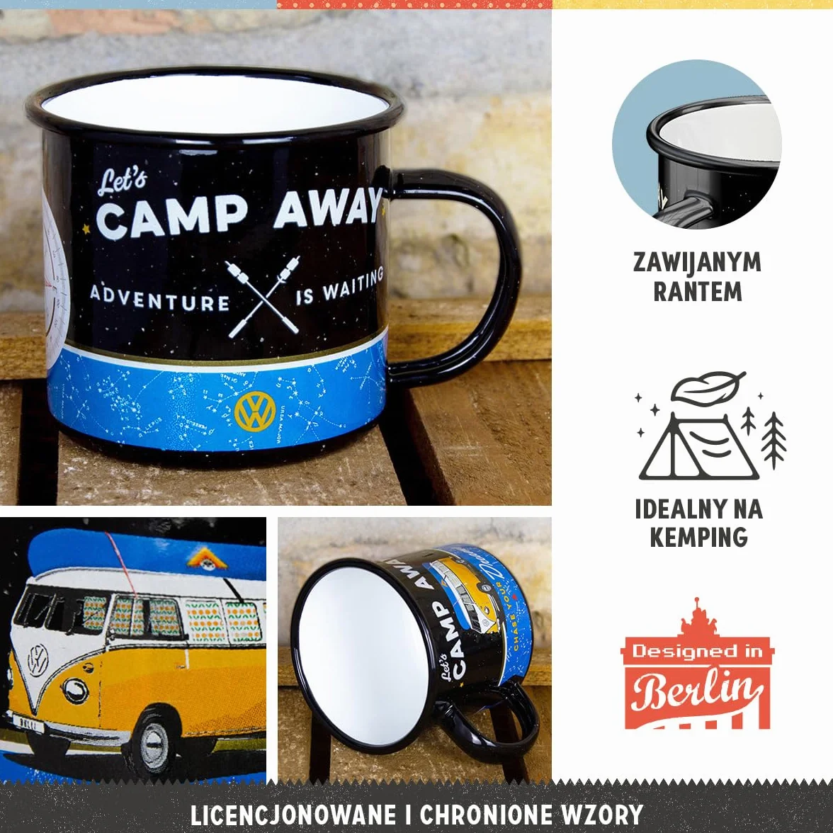 Nostalgic-Art Retro kubek emaliowany 360 ml VW Bulli Let's Camp Away Oficjalnie licencjonowany kubek kempingowy