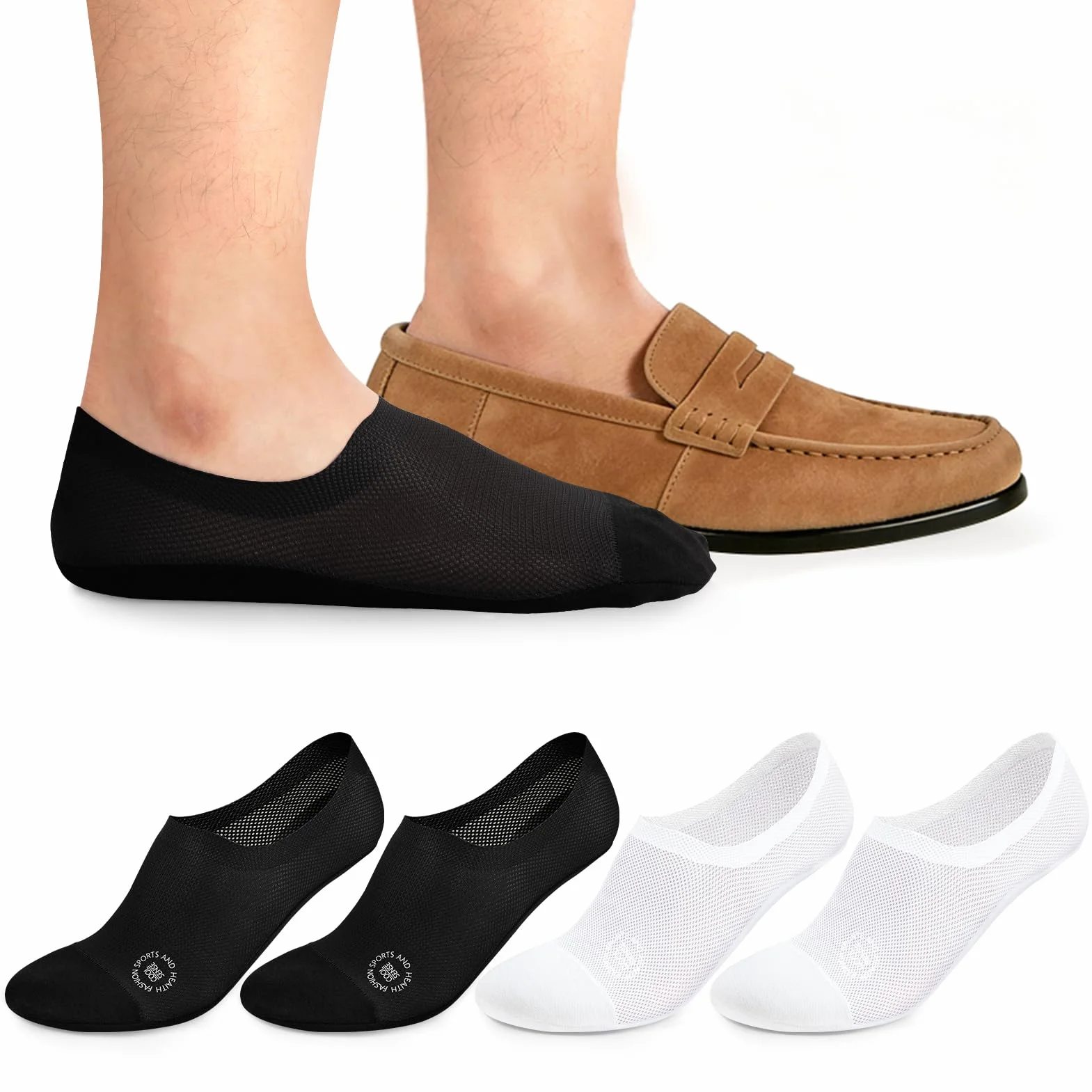 Kiiwah 4 pary Niewidzialne skarpety męskie z lodowego jedwabiu 39-43, siatkowe oddychające krótkie skarpety z silikonem antypoślizgowe skarpety sportowe do butów Loafers mokasyny