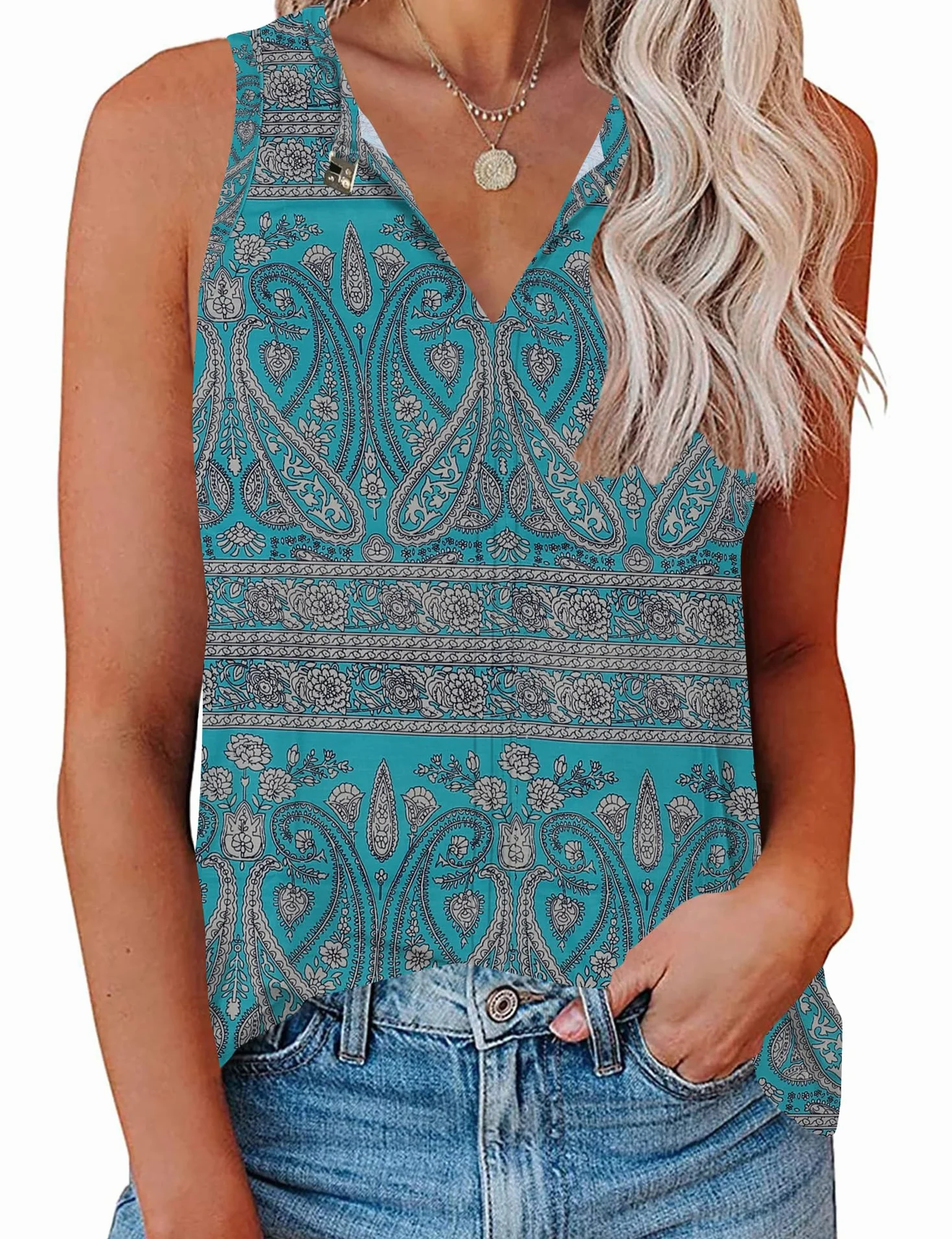 MAVIS LAVEN Damski letni seksowny tank top, bez rękawów, z otworem na klucze, dekolt w serek, elegancka bluzka luźna, luźna, wiązana na szyi