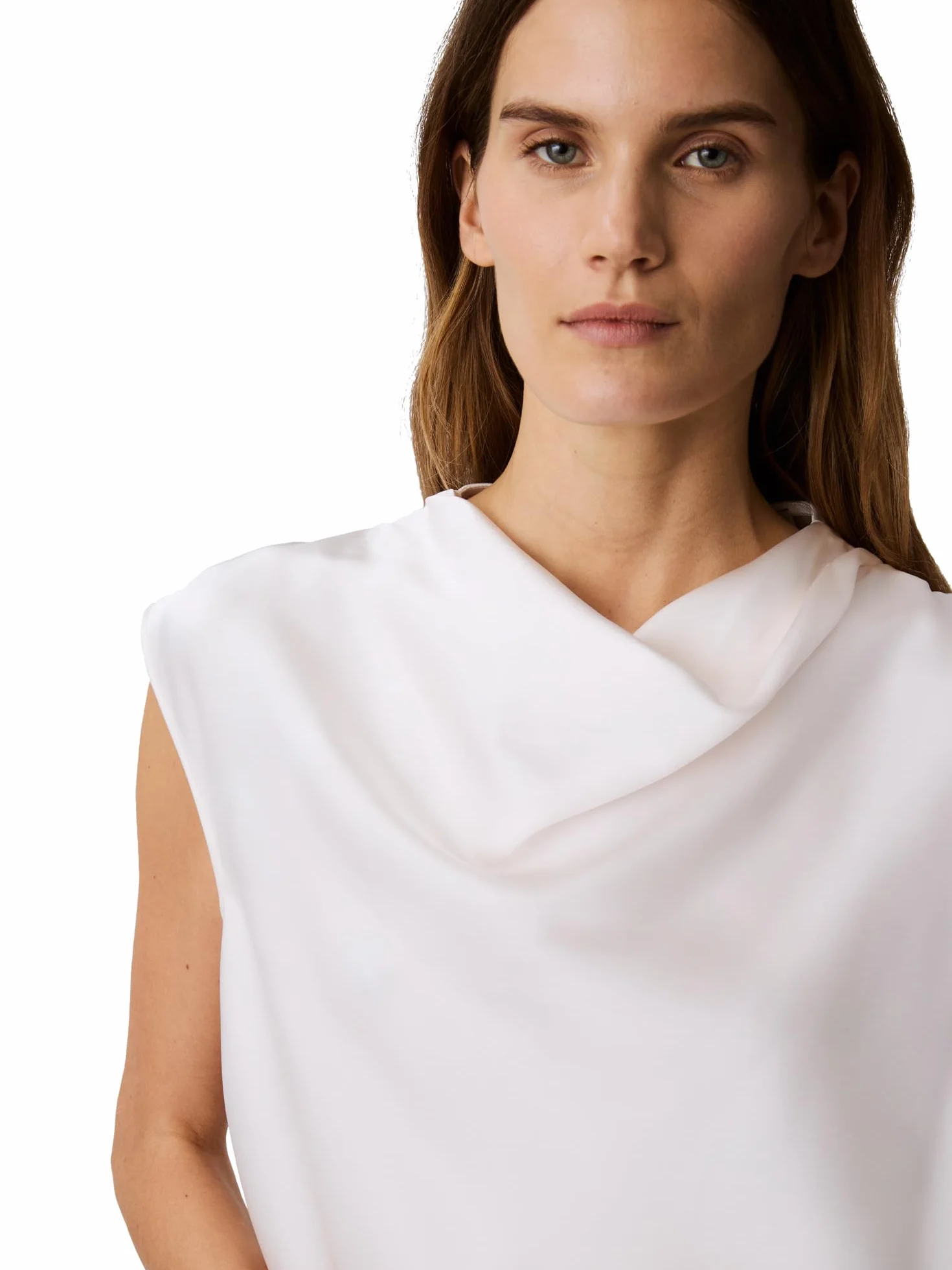 Calvin Klein Damska bluzka z satyny z wycięciem w kształcie wodospadu, sól morska, S