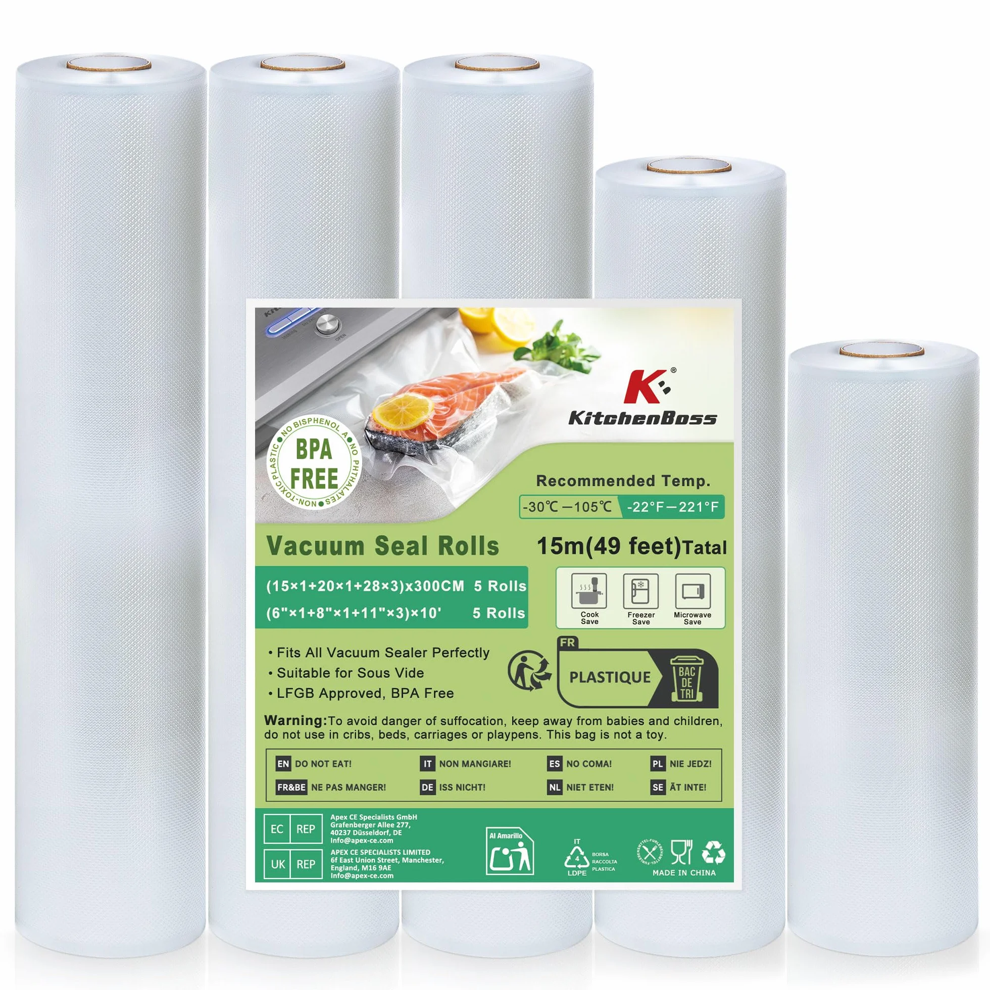 KitchenBoss Worki Próżniowe do Żywności 5 Rolki, Folia Próżniowa 15/20/28x300 cm do Zgrzewarki Sous Vide