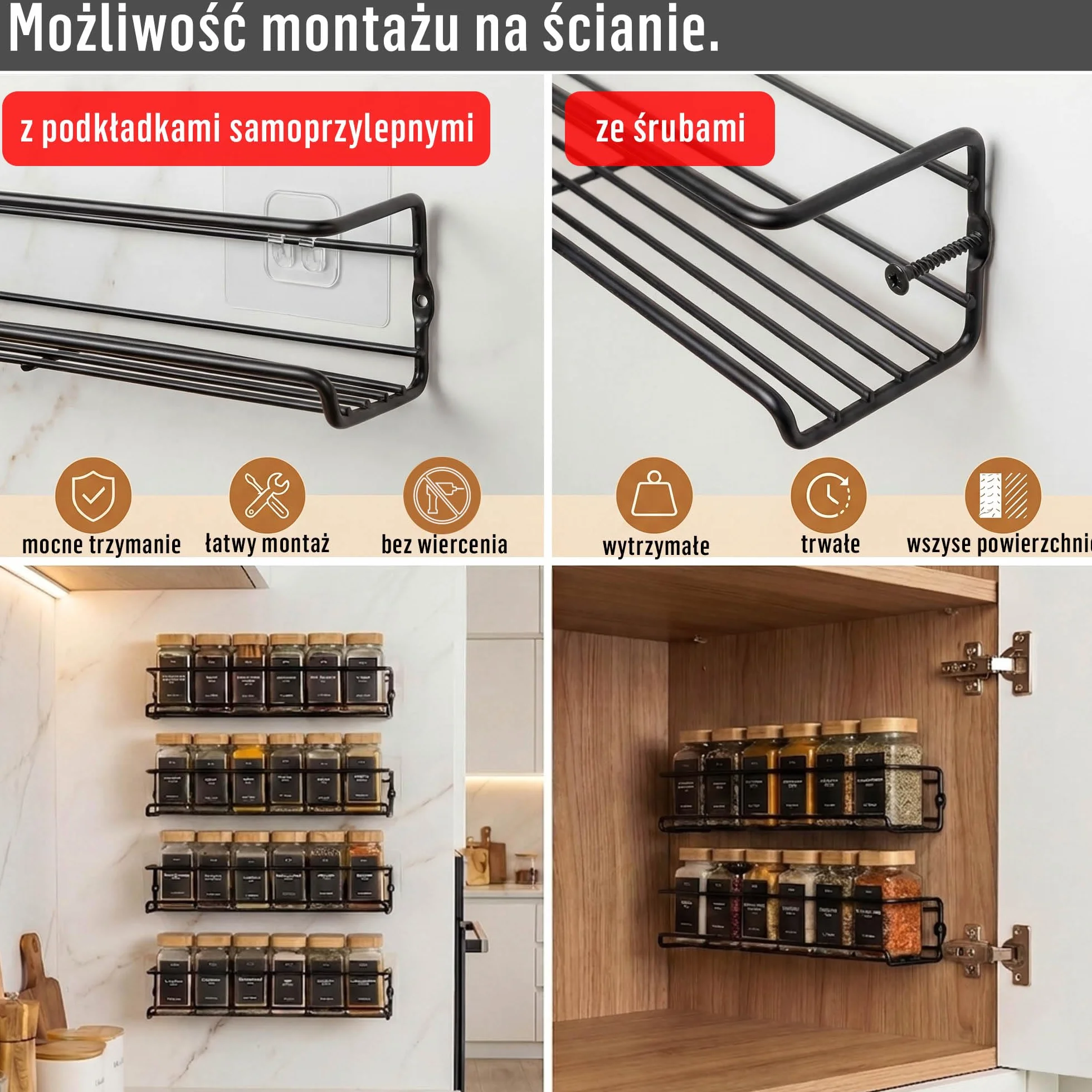 Deco haus Stojak na przyprawy na ścianę bez wiercenia 24 słoiczki 280 etykiet