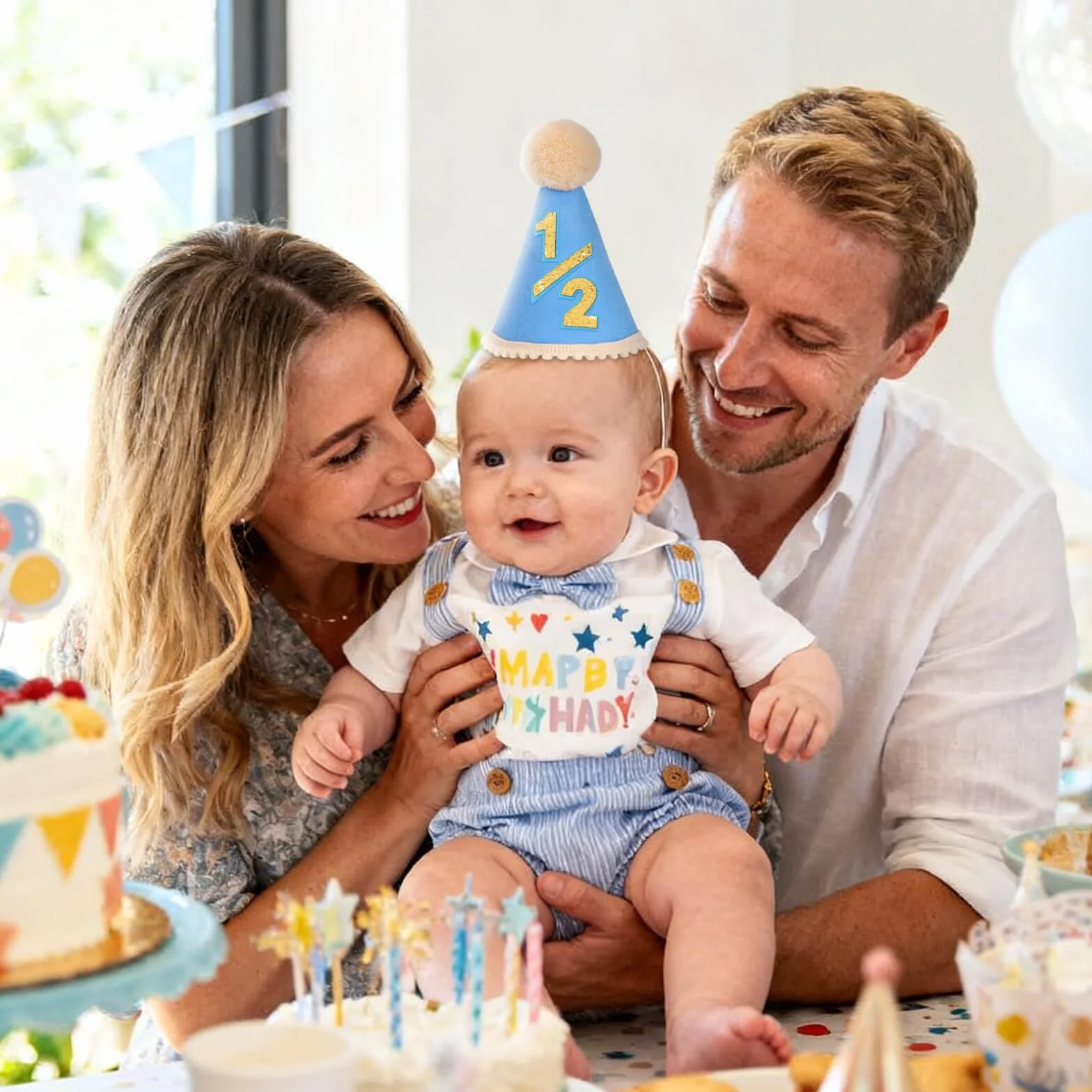 DRESHOW 1/2 Urodzinowy Kapelusz dla Niemowląt Półurodzinowe Stożkowe Kapelusze z Pomponami 6 Miesięcy Cake Smash Photo Props Nakrycia Głowy dla Dziewczynek i Chłopców