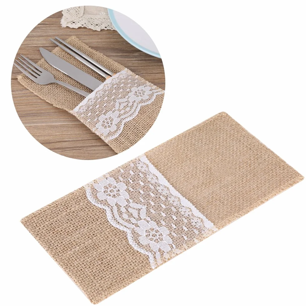 Uchwyty na Sztućce z Juty z Koronką, 10 Sztuk, 21x11 cm, Naturalne, Dekoracje Weselne i na Przyjęcia