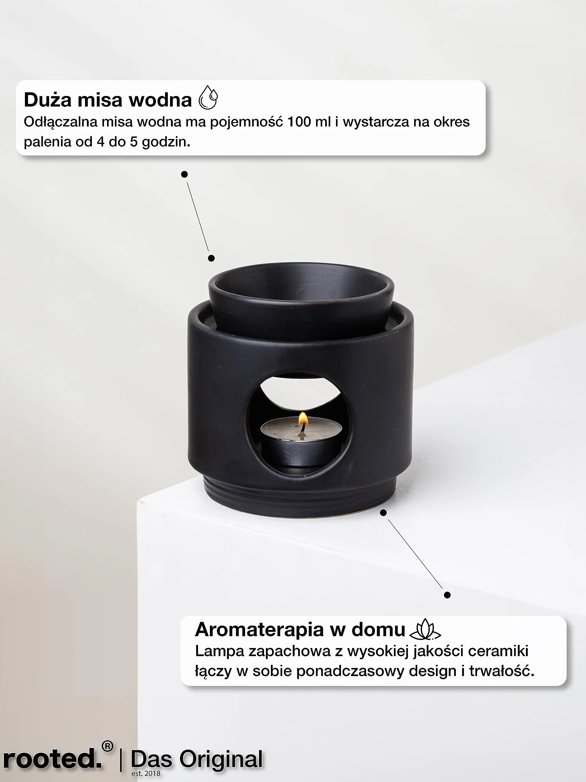 rooted.® | Lampa zapachowa Ambiente na świeczkę tealight | Designowa lampa aromatyczna z ceramiki | Podgrzewacz do olejków eterycznych, olejków zapachowych i wosków zapachowych | Matowa czerń