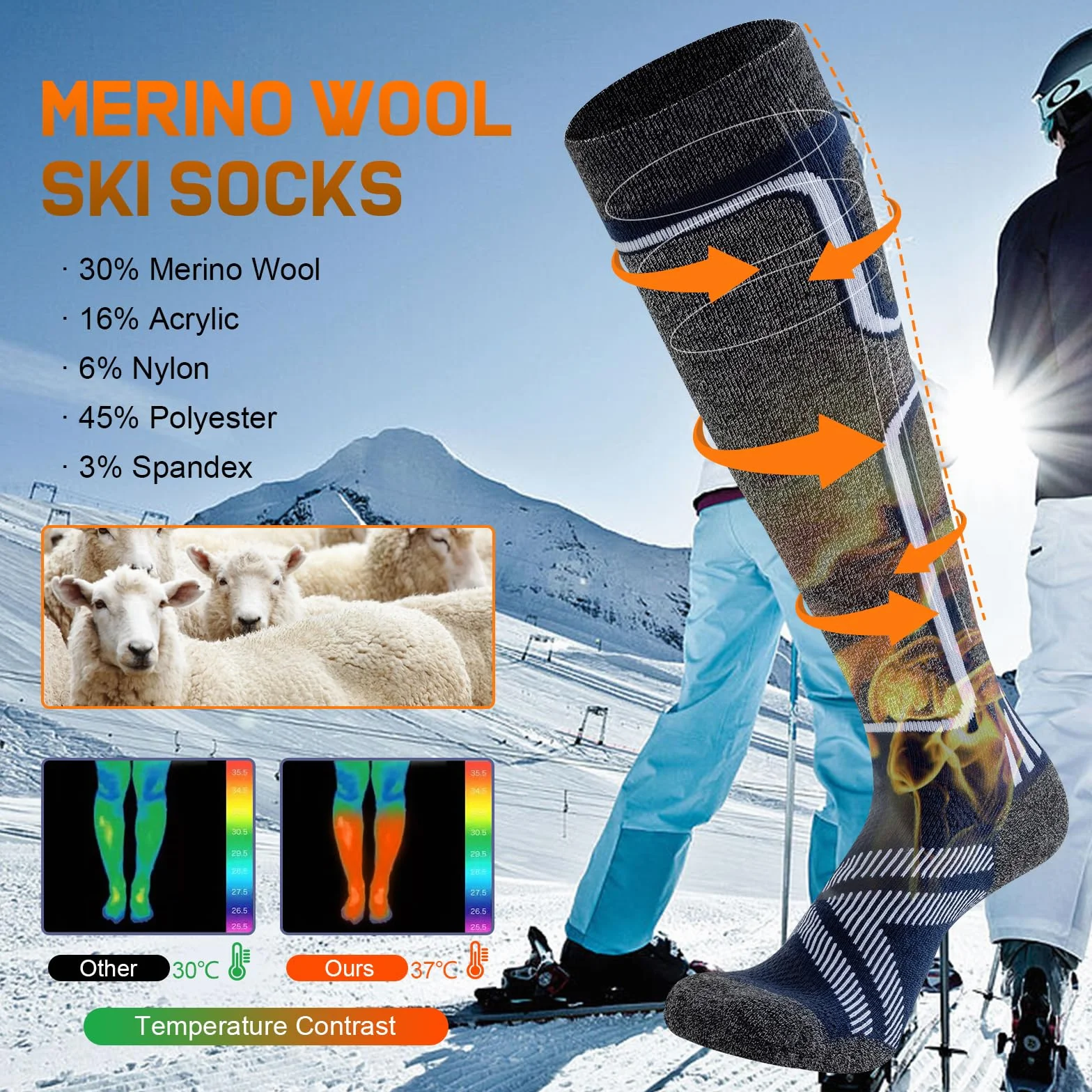 Cirorld Zestaw 2 par skarpet narciarskich z wełny merino dla mężczyzn i kobiet, termiczne, grube, na zimną pogodę, śnieg, narty, snowboard, polowanie, wędrówki