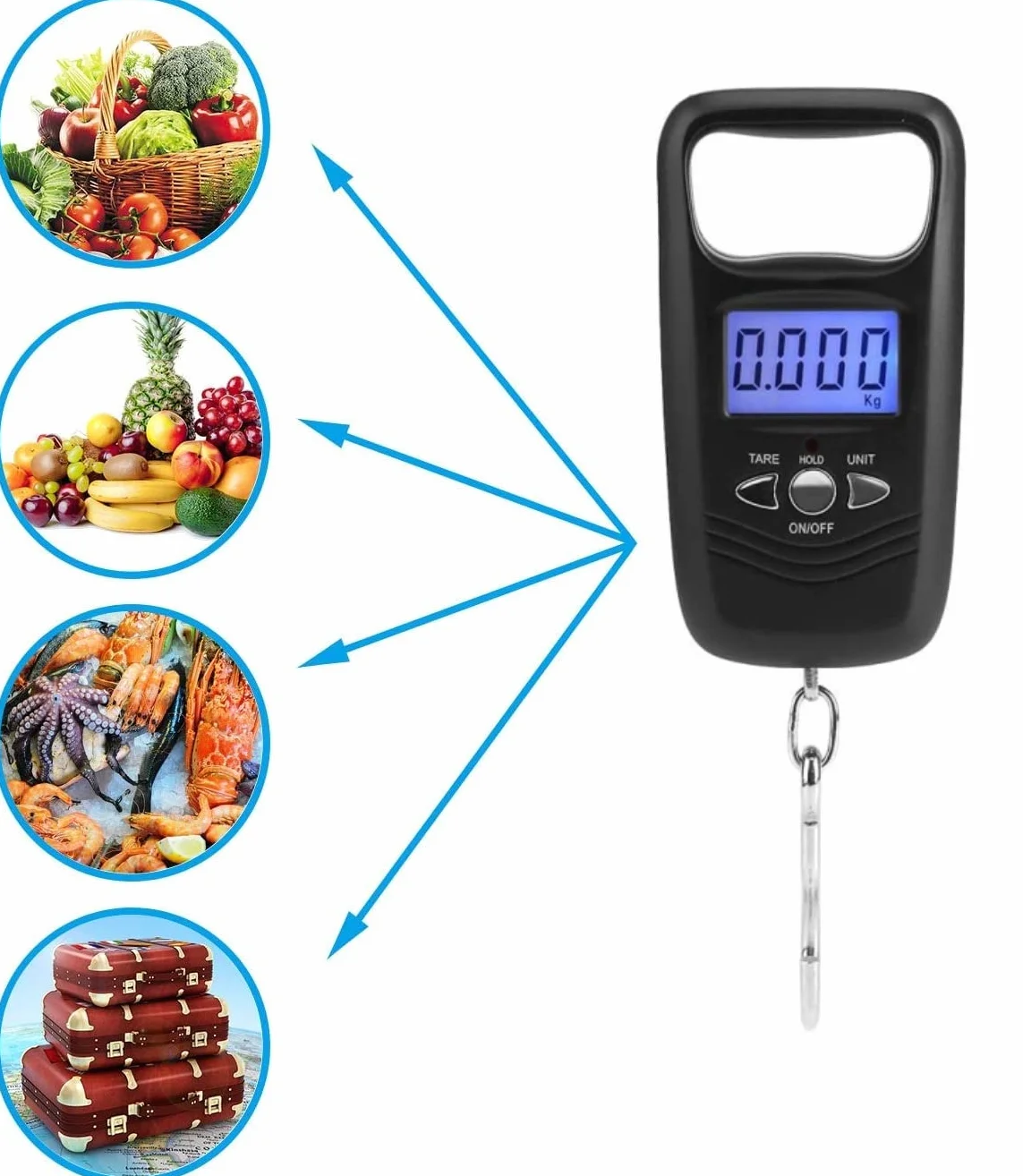 Waga bagażowa, 50 kg, cyfrowa waga wisząca, LCD, elektroniczna waga kieszonkowa z podświetleniem, do podróży, rodzinnych zakupów, wędkowania i innych aktywności na świeżym powietrzu (czarna)