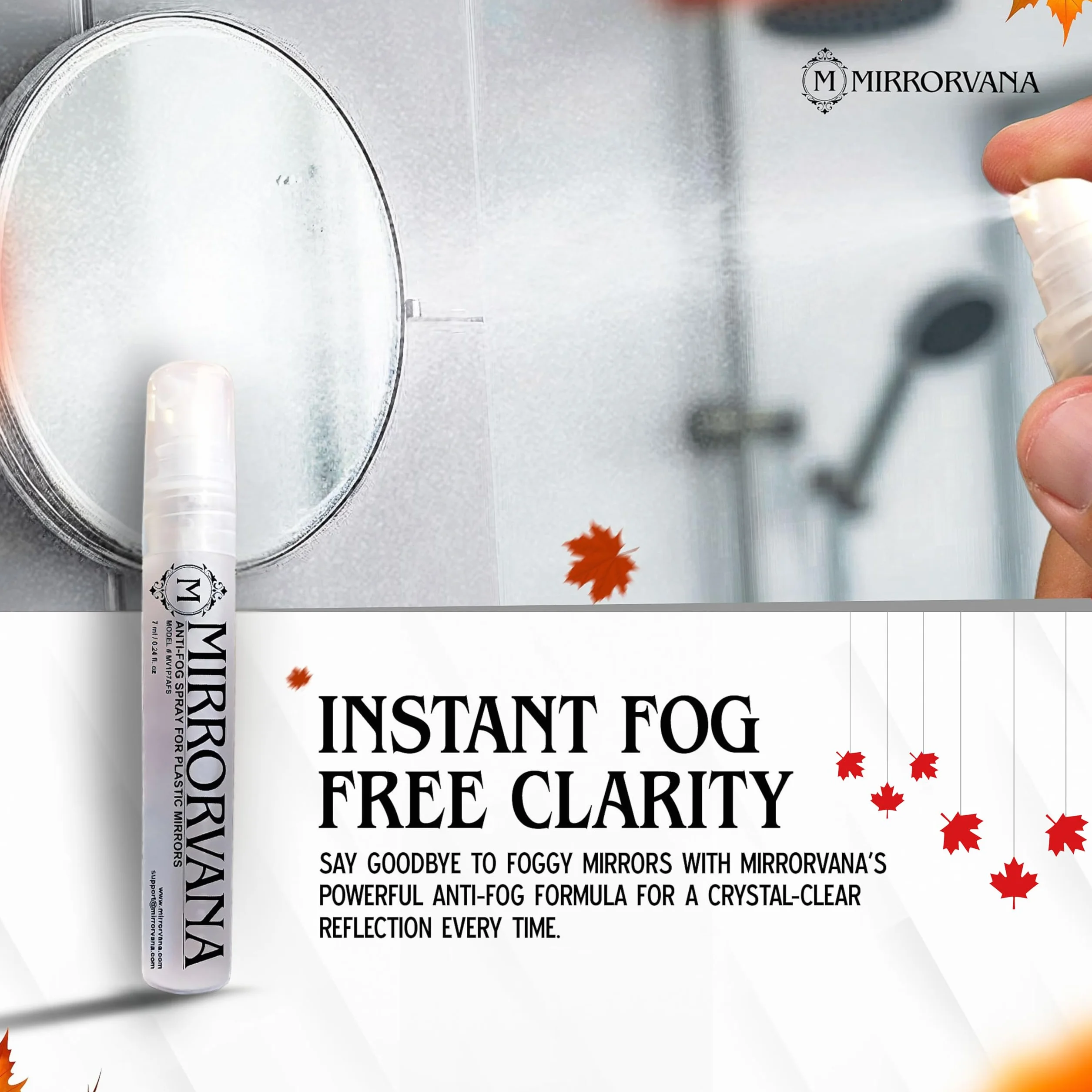 MIRRORVANA Spray przeciwmgielny do lusterka prysznicowego (1 butelka) - utrzymuje wolne od mgły lustro łazienkowe dla mężczyzn i kobiet, długotrwała ochrona przed zaparowaniem dla krystalicznie