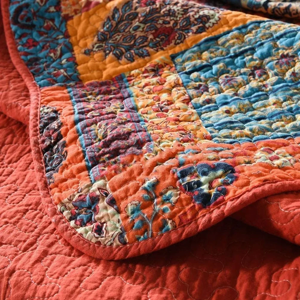 Qucover Pojedyncze narzuty na łóżko bawełniana mikrofibra patchworkowa 150 x 200 cm pikowane pomarańczowe niebieskie