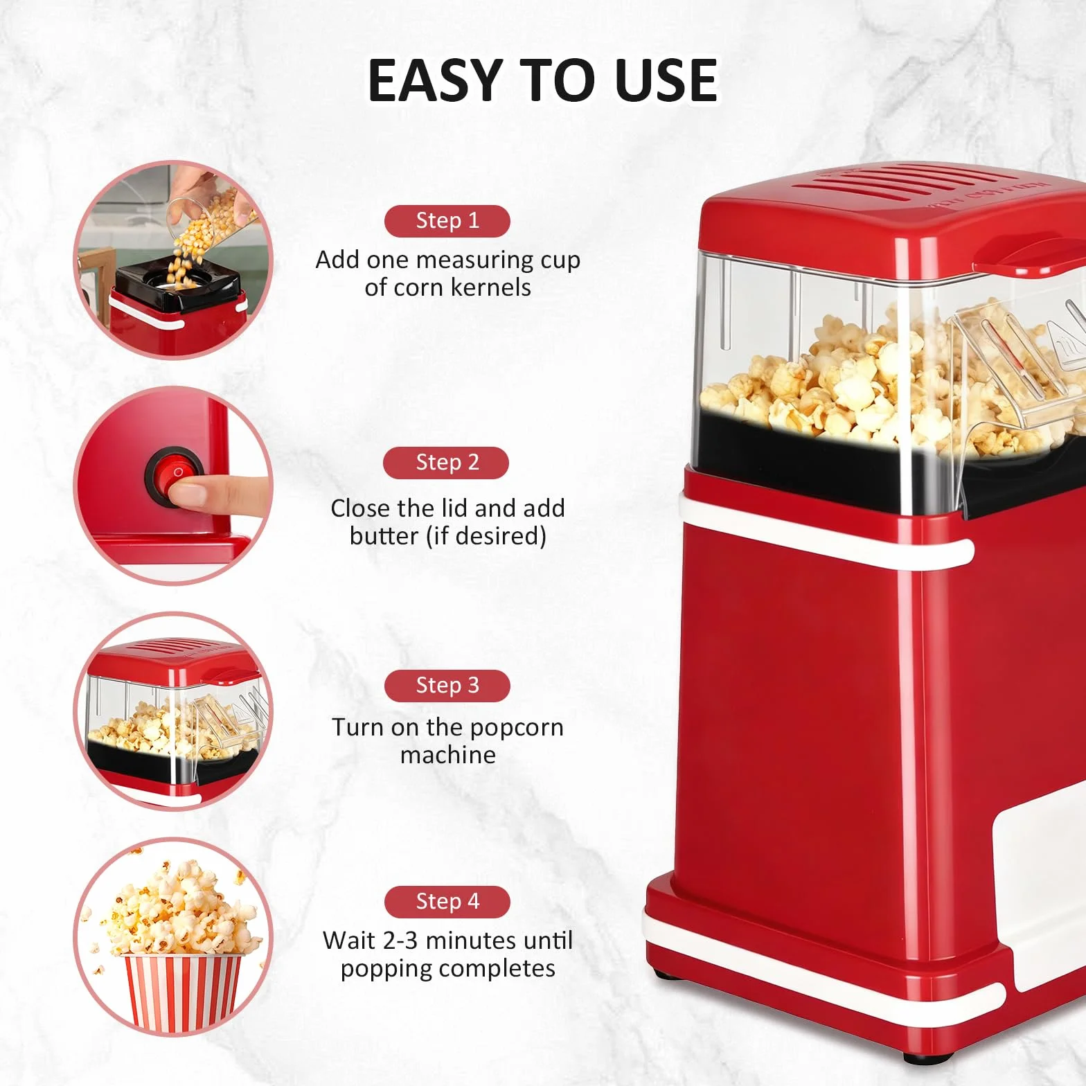 VINATO Maszyna do popcornu, gorące powietrze, 1200 W, bezolejowa maszyna do popcornu, 1 przycisk, przygotowuje popcorn tylko przez 2 minuty, idealny do domu i podróży