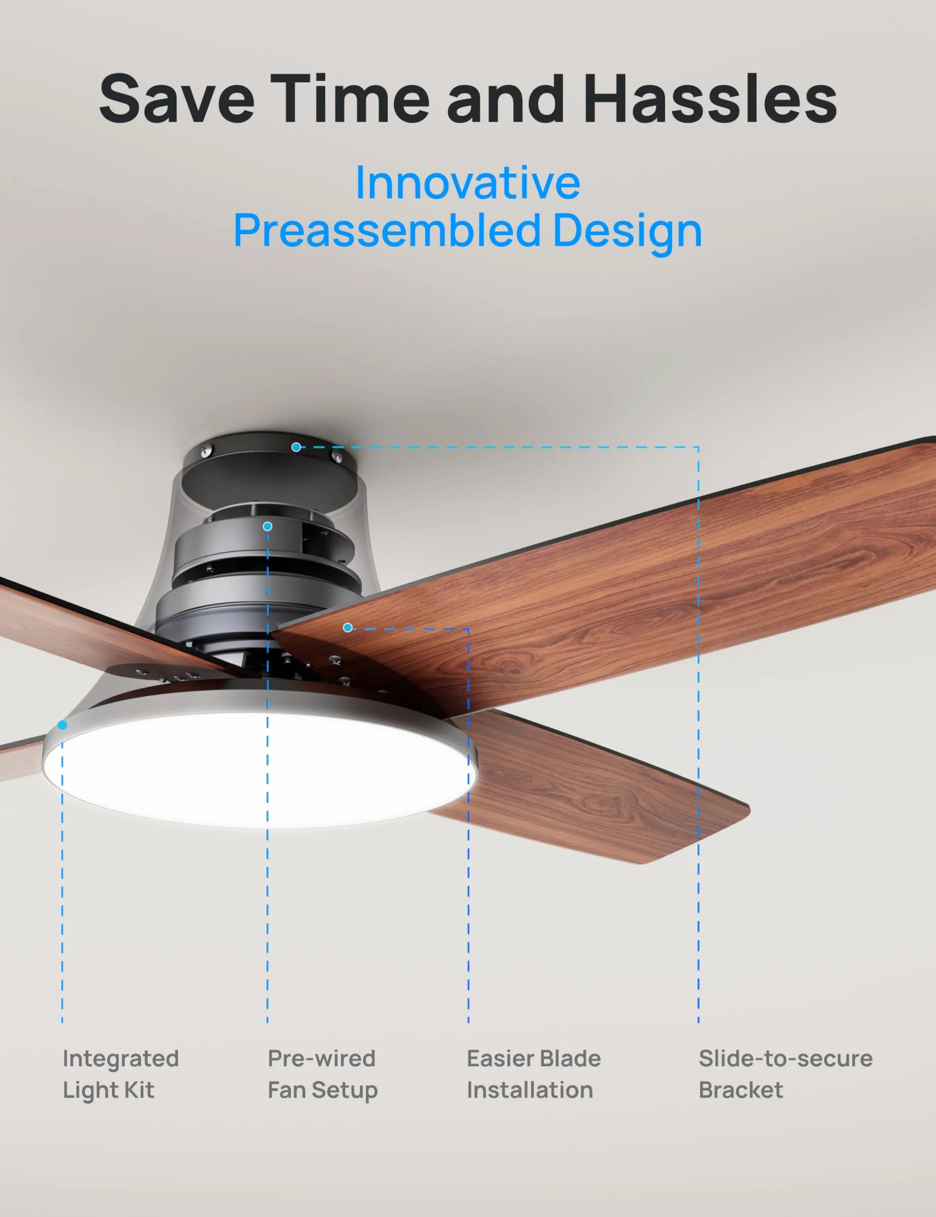 Dreo Cichy wentylator sufitowy z lampą LED 112 cm odwracalny 5CCT 6 prędkości pilot czarny