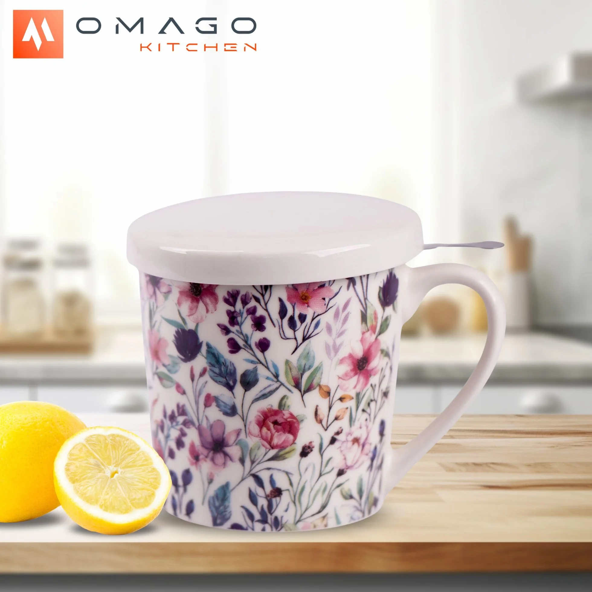 OMAGO Kubek porcelanowy z zaparzaczem do herbaty i przykrywką motyw kwiatów
