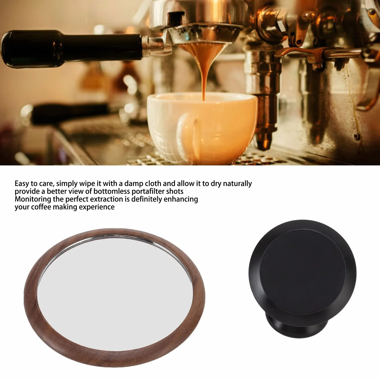 Lustro do Obserwacji Przepływu Kawy, Wielokierunkowy Obrót, Espresso Mirror, Podstawa z Czarnego Orzecha