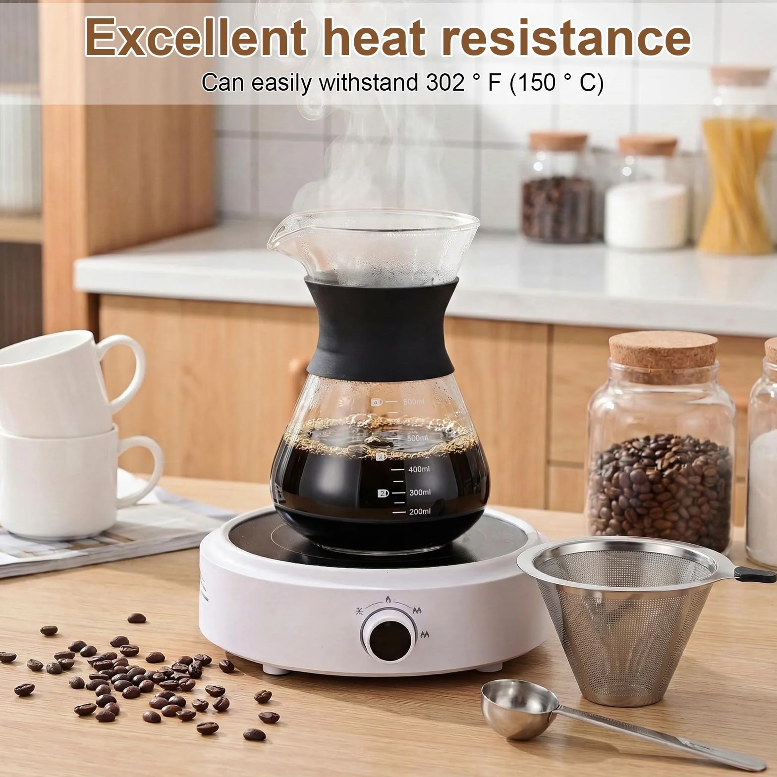 Ekspres do Kawy Przelewowy 600ml, Ręczny Filtrowarz ze Stali Nierdzewnej, Szklany Dripper, Czarny