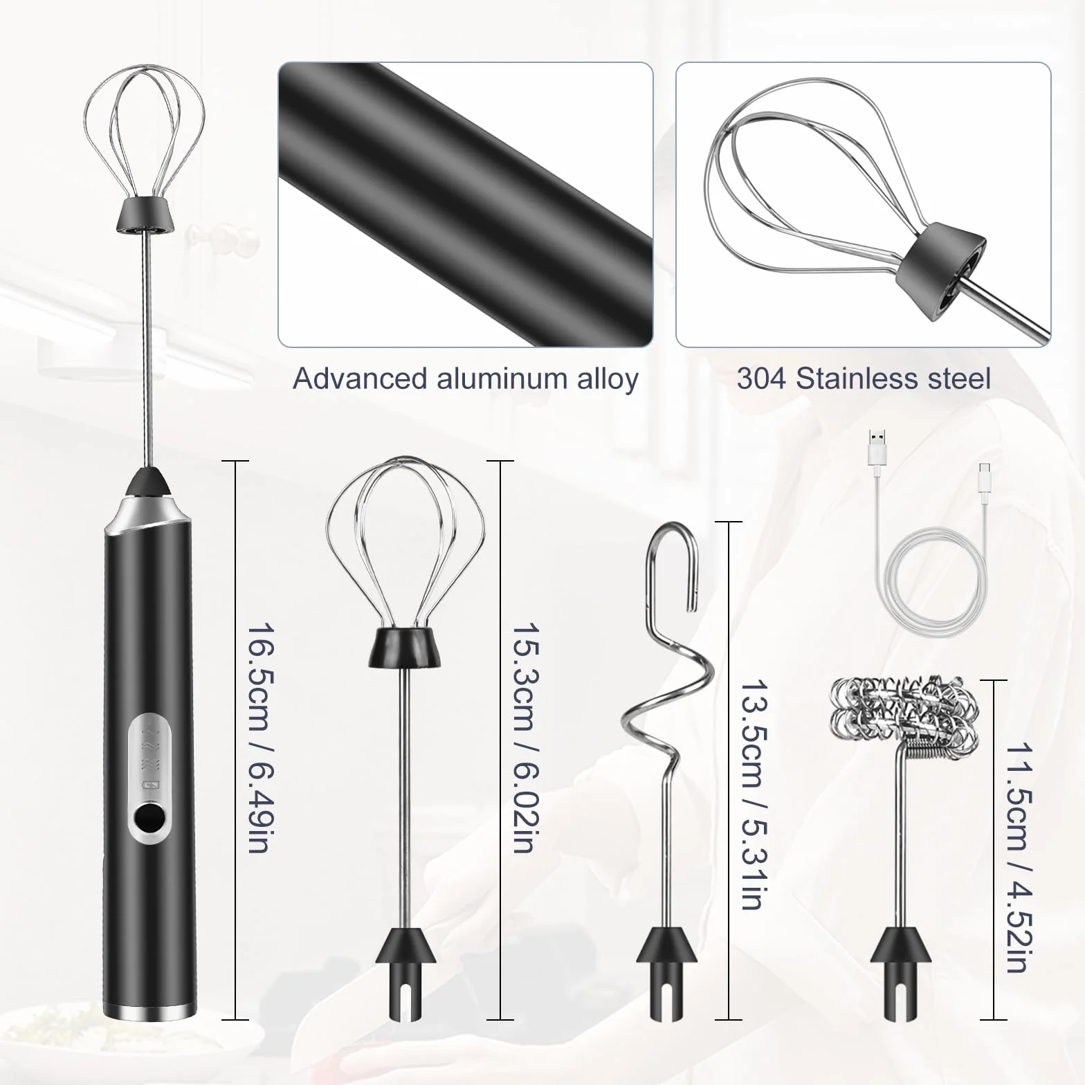 Weinsamkeit Rechargeable USB Milk Frother, elektryczne mleko Frother z 3 głowicami rurkowymi, regulowany mini whisk z 3 prędkościami, mini elektryczne jajka Whisk do kawy, Matcha, Latte, Cappuccino