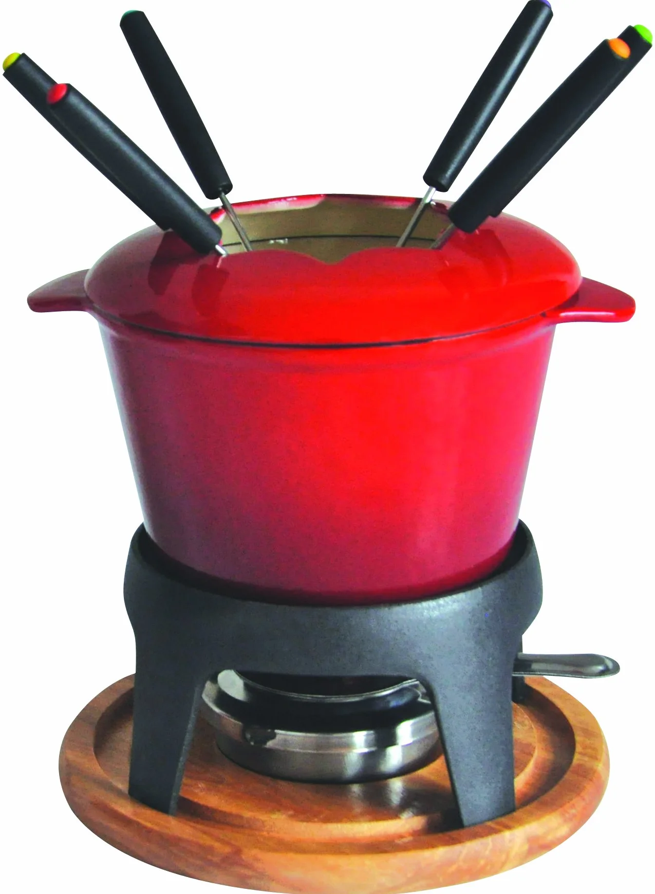Baumalu 385050 zestaw do fondue żeliwo czerwony gradient drewniana płyta
