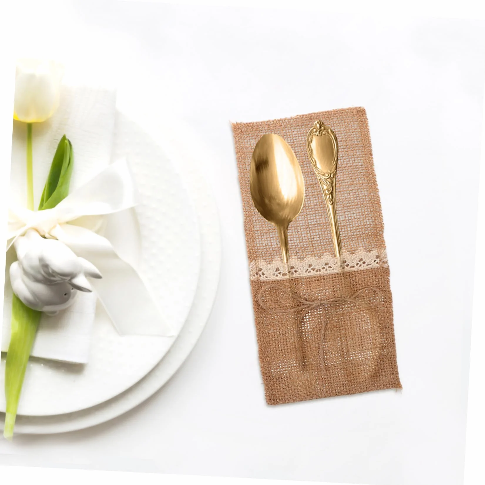 Rustykalne Woreczki Sztućce z Juty i Koronki Ekologiczne Etui Nóż Widelec Łyżka Dekoracja Stołu Wesele Urodziny