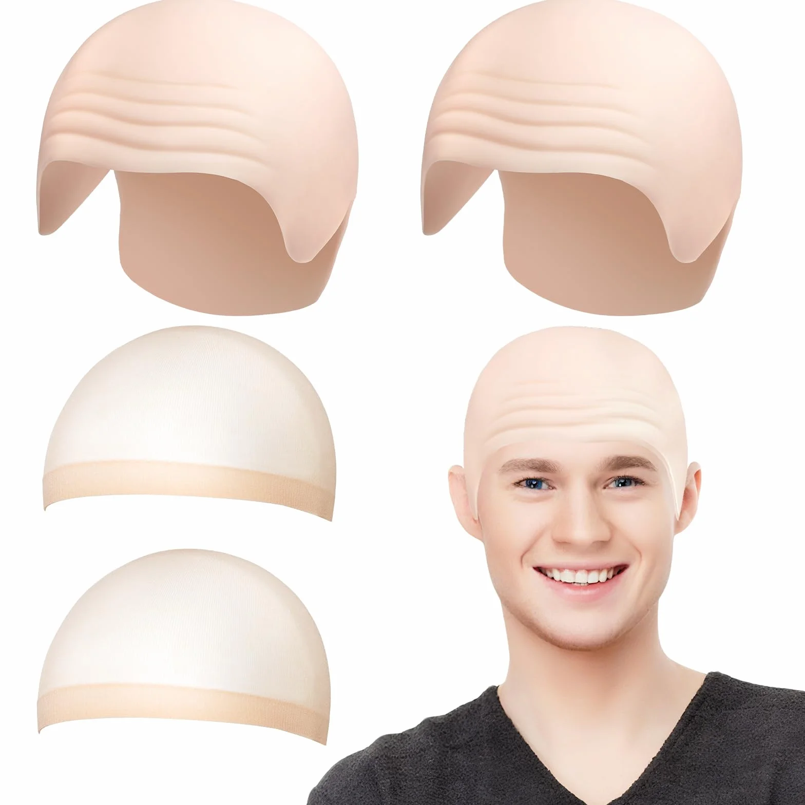 2 silikonowe czepki do łysienia dla dorosłych, silikonowe peruki do łysienia z 2 czapkami pod perukę, realistyczny zestaw czapek typu bald, wielokrotnego użytku, na imprezę, Cosplay, do teatru, filmu