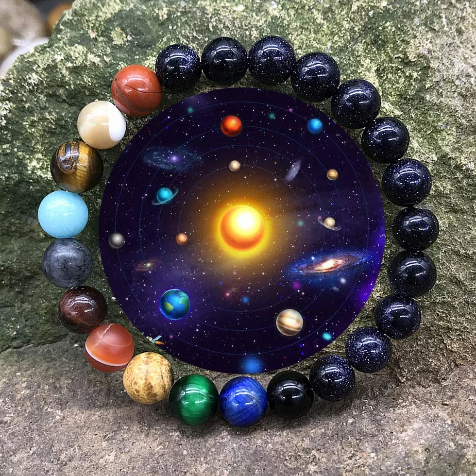 Uniwersalna bransoletka z 9 planetami, układ słoneczny, dla chłopców i dziewcząt, nastolatek, kamień 7,2 cala, kamień, 7.2 inch, Kamień
