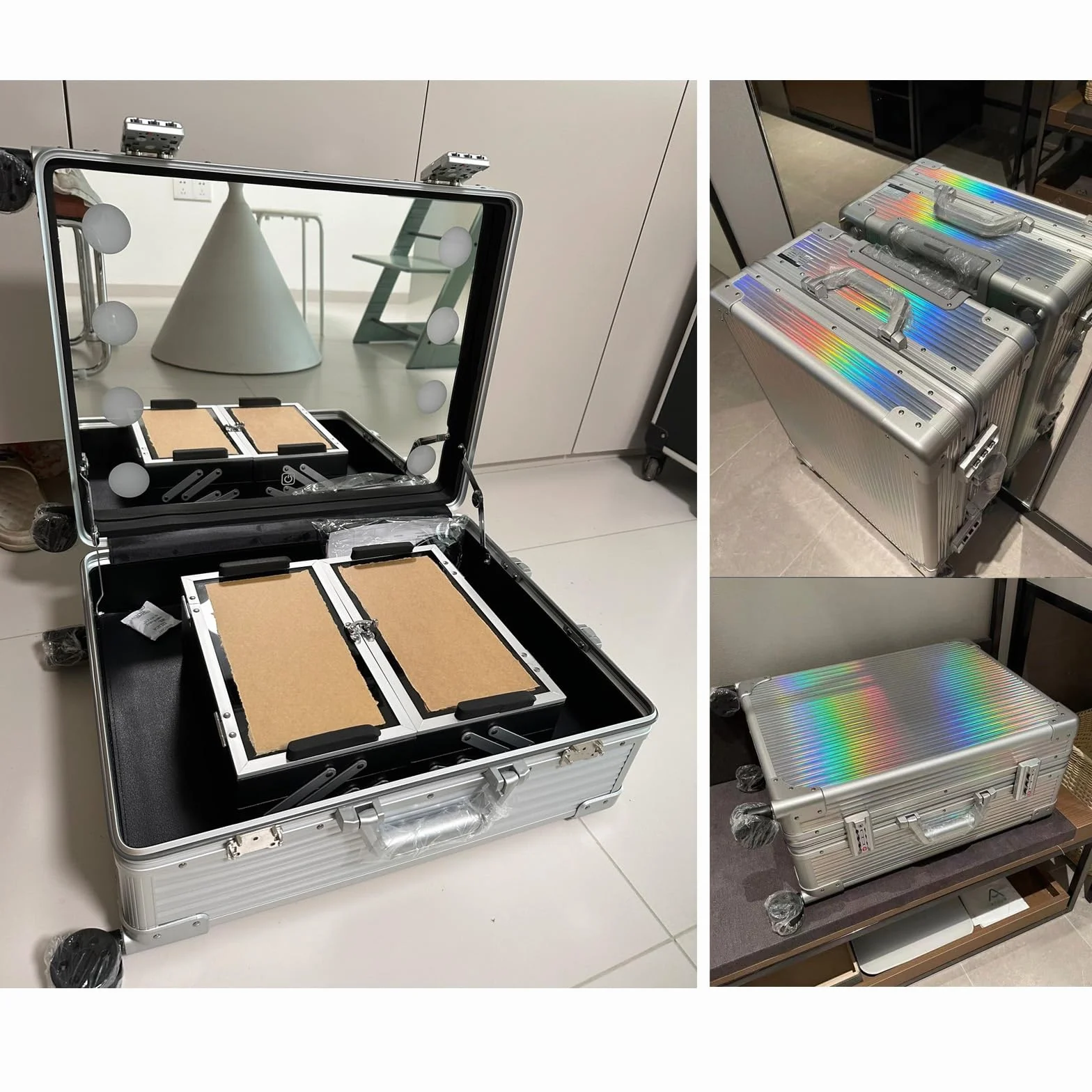 Kosmetyczki, podróżne kosmetyczki, aluminiowy wózek do makijażu ze światłami LED, profesjonalny organizer kosmetyków studyjnych, 3 odcienie światła, UK