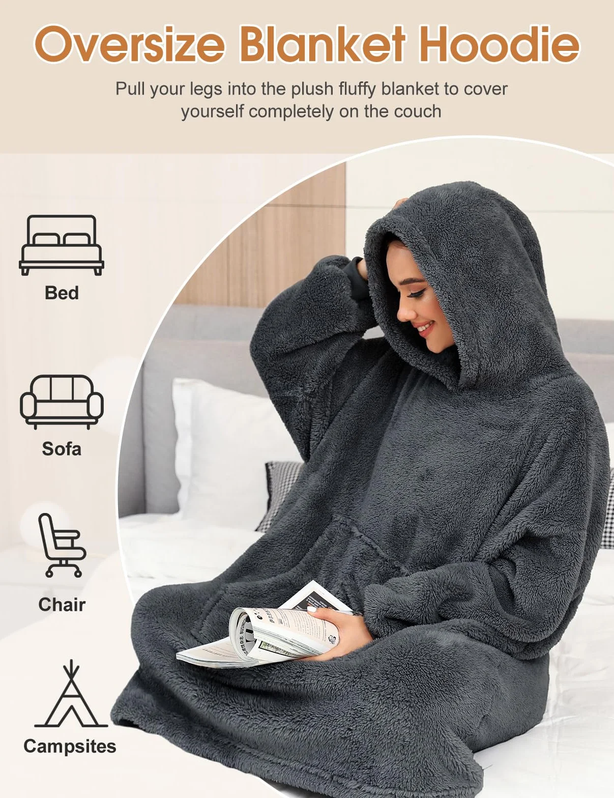 Tuopuda Damska bluza z kapturem, zimowa sukienka sweter, ciepła tkanina polarowa, bluza z kieszenią, szlafrok z długim rękawem, prezent na Boże Narodzenie