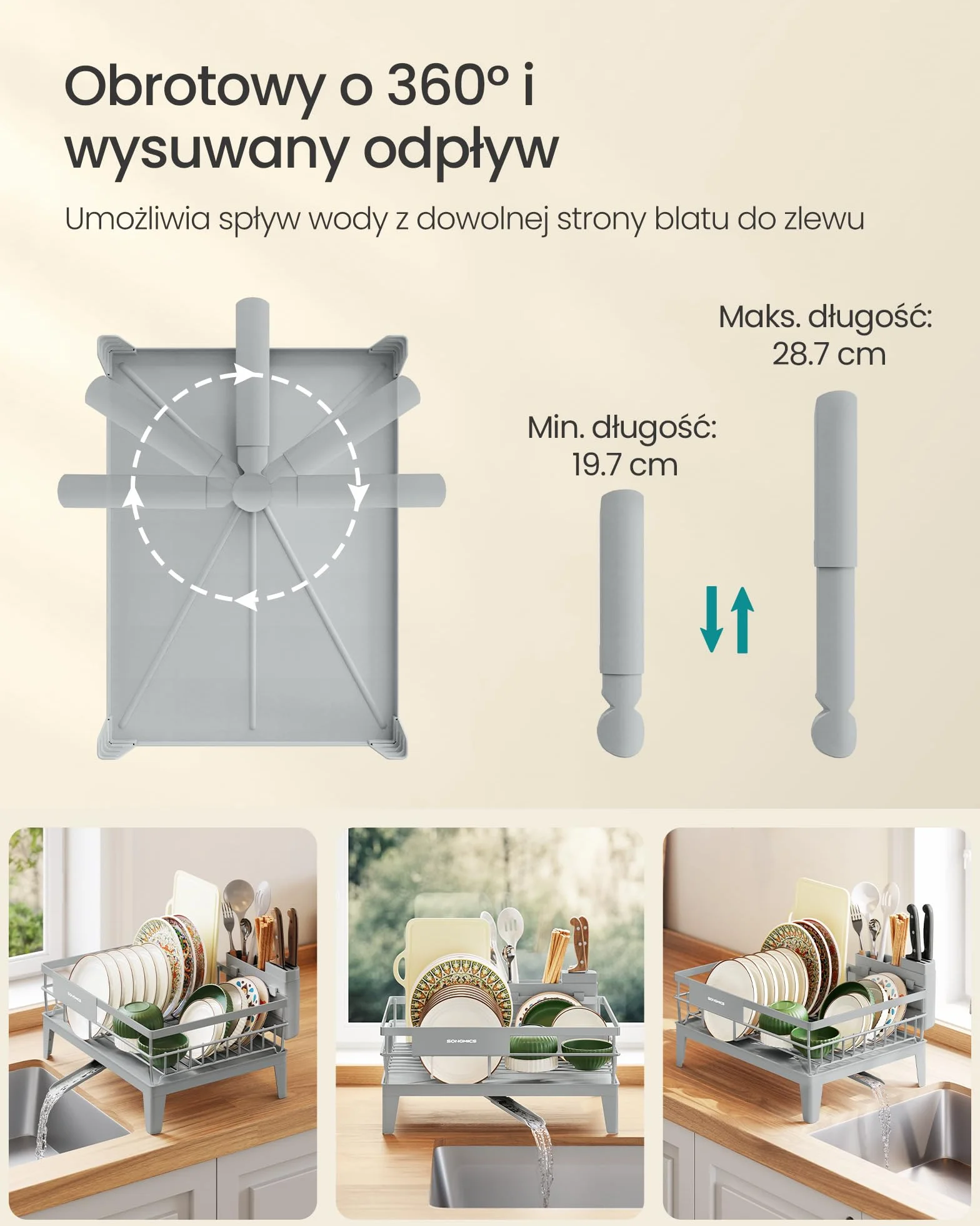SONGMICS Suszarka do naczyń, suszarka do naczyń, obrotowa i wysuwana ociekacz 360°, tacka ociekowa, uchwyt na sztućce, kuchnia, 31 x 42 x 18,5 cm, kolor gołębiej szarości KCS550G01