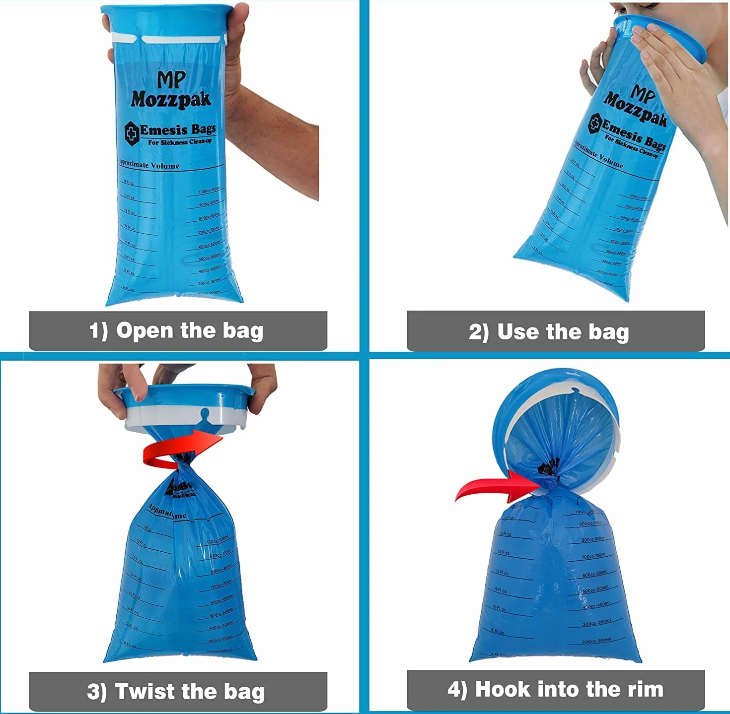 MP MOZZPAK Vomit Bags Disposable – 35 Pack – 1000ml Barf Bags – Leak Resistant, Medical Grade, Portable Emesis Bags, Puke, Throw Up, Nausea Bags for Travel Motion Sickness, Car & Aircraft, Kids, Taxi