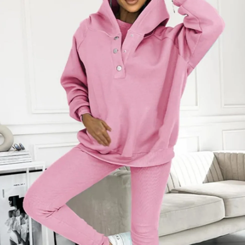 Calmlily 3-częściowy zestaw z kapturem dla kobiet, solidna bluza z kapturem oversize na guziki, 3-częściowe zestawy bluzy z kapturem oversize dla kobiet, zestawy treningowe