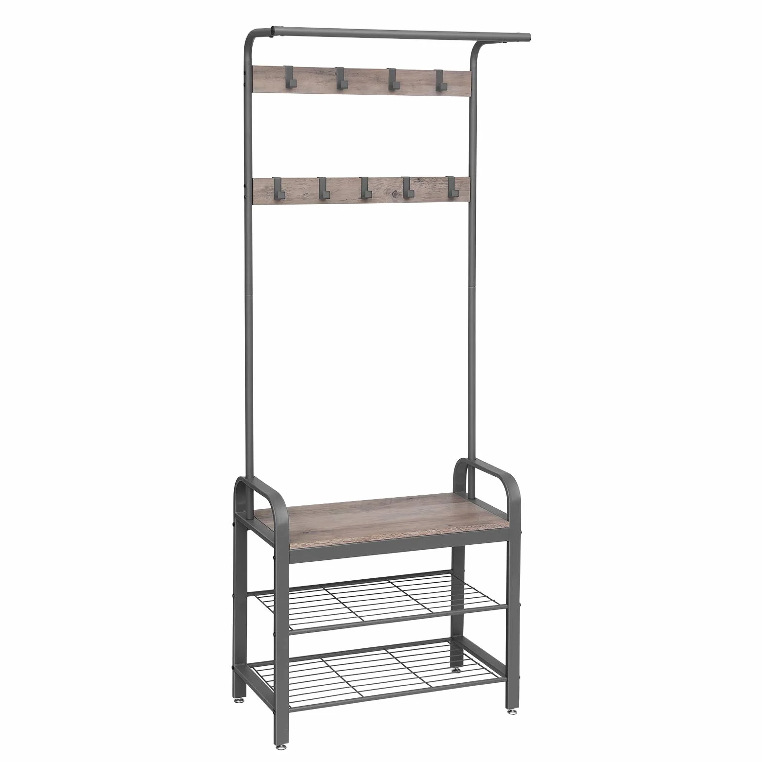 SONGMICS RUS4PK Wieszak na Ubrania z Siedziskiem, 9 Haków, 2 Półki, 183 cm, Szary