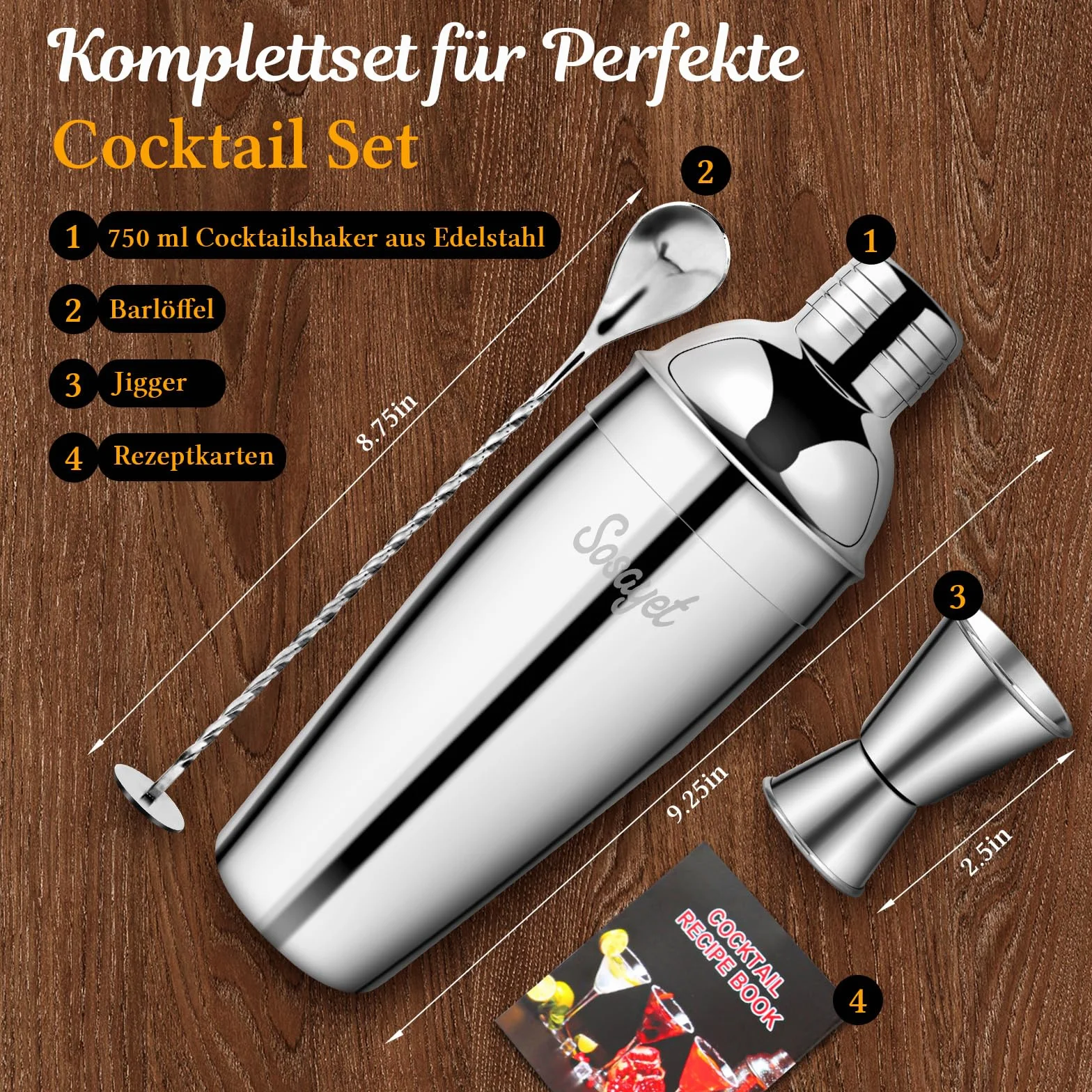 Zestaw koktajlowy, 3 częściowy zestaw do mieszania koktajli ze stali nierdzewnej z książką kucharską, 750 ML Cocktail Shaker Premium Bartender Set for Home, Bar