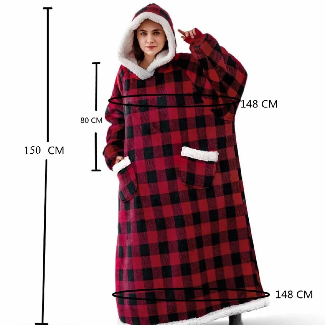 Przytulny koc z rękawami oversize z kapturem bluza Sherpa dla kobiet i mężczyzn niebieski
